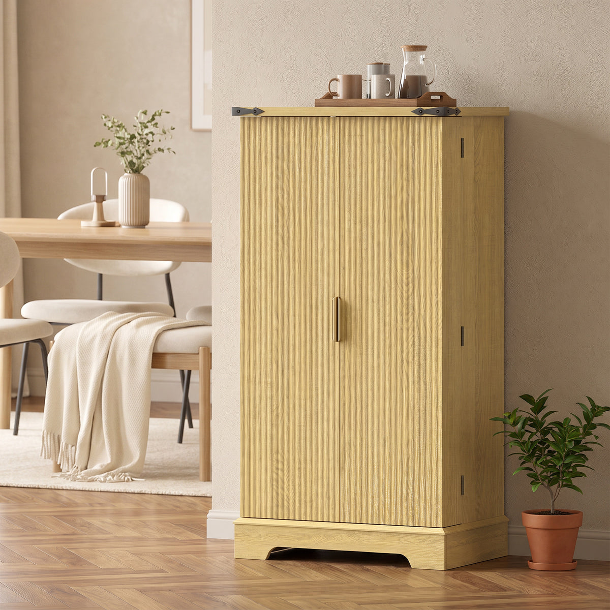 46" Kitchen Pantry Cabinet with Doors and Adjustable Shelves, Freestanding Fluted Pantry Storage Cabinet with Spice Racks, Farmhouse Buffet Sideboard for Kitchen, Dining Room