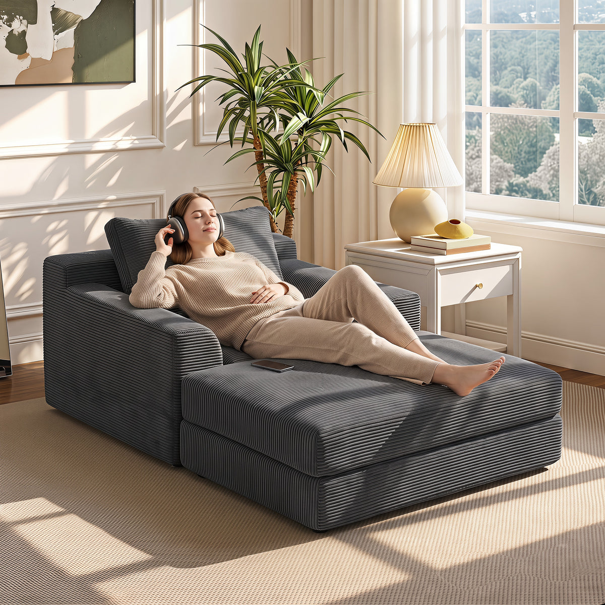51" Chair Bed, Corduroy Upholstered Sleeper Chair with Pillow, Boneless Floor Sofa for Living Room, Bedroom, Apartment, Office, Dark Grey