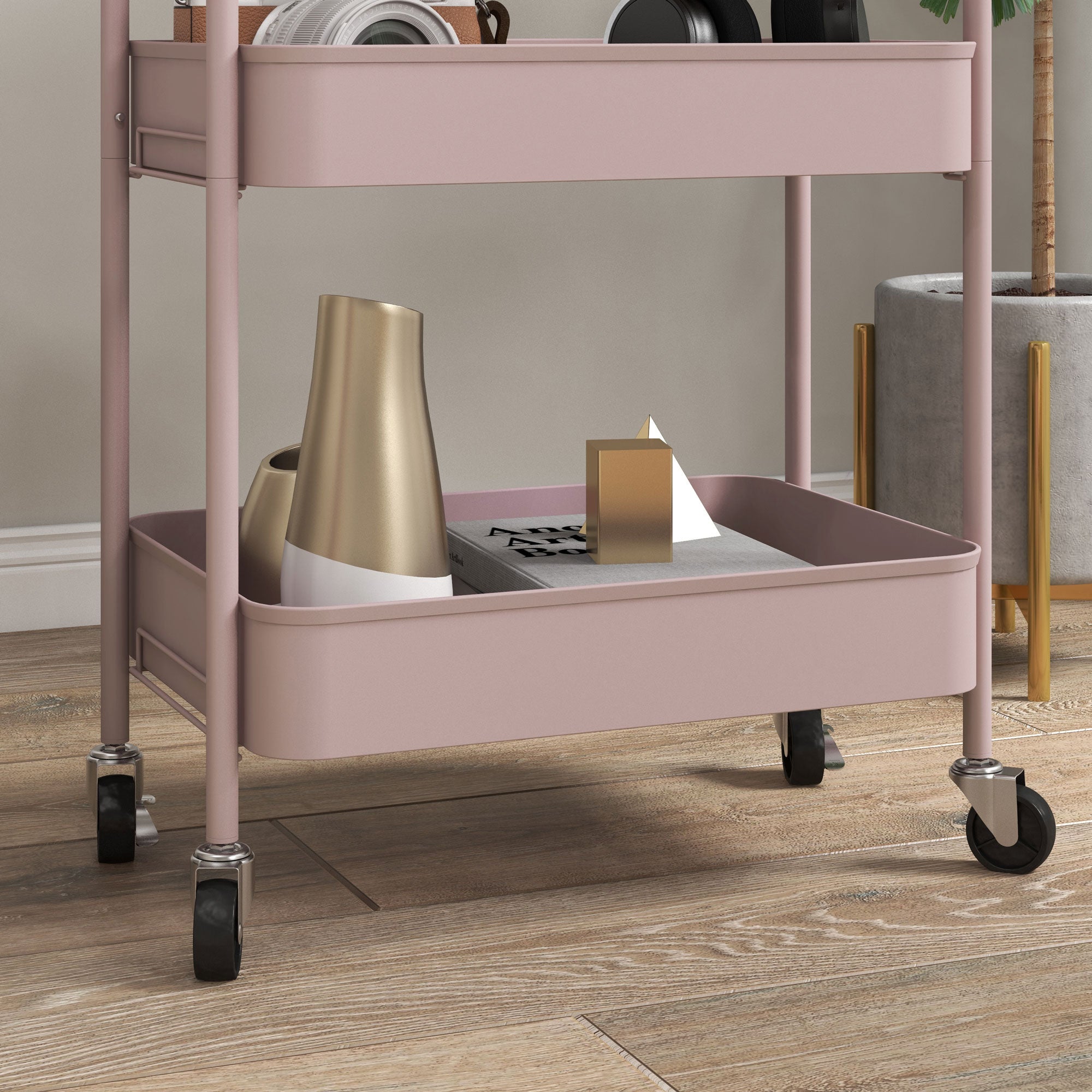 HOMCOM 3-tier Storage Trolley on Wheels, Metal Storage Cart, Rolling Ultility Cart with 3 Mesh Baskets for Living Room, Kitchen, Pink