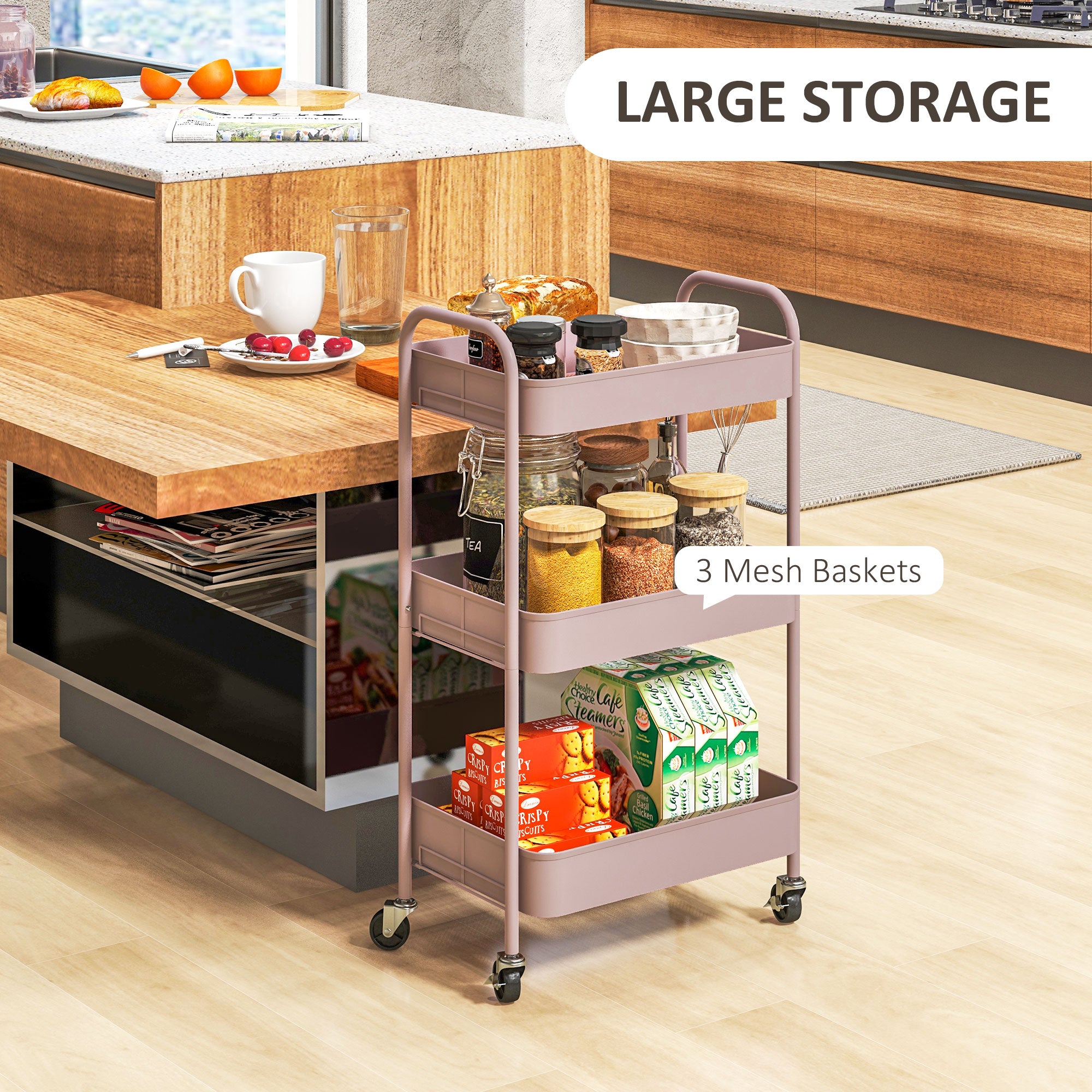 HOMCOM 3-tier Storage Trolley on Wheels, Metal Storage Cart, Rolling Ultility Cart with 3 Mesh Baskets for Living Room, Kitchen, Pink