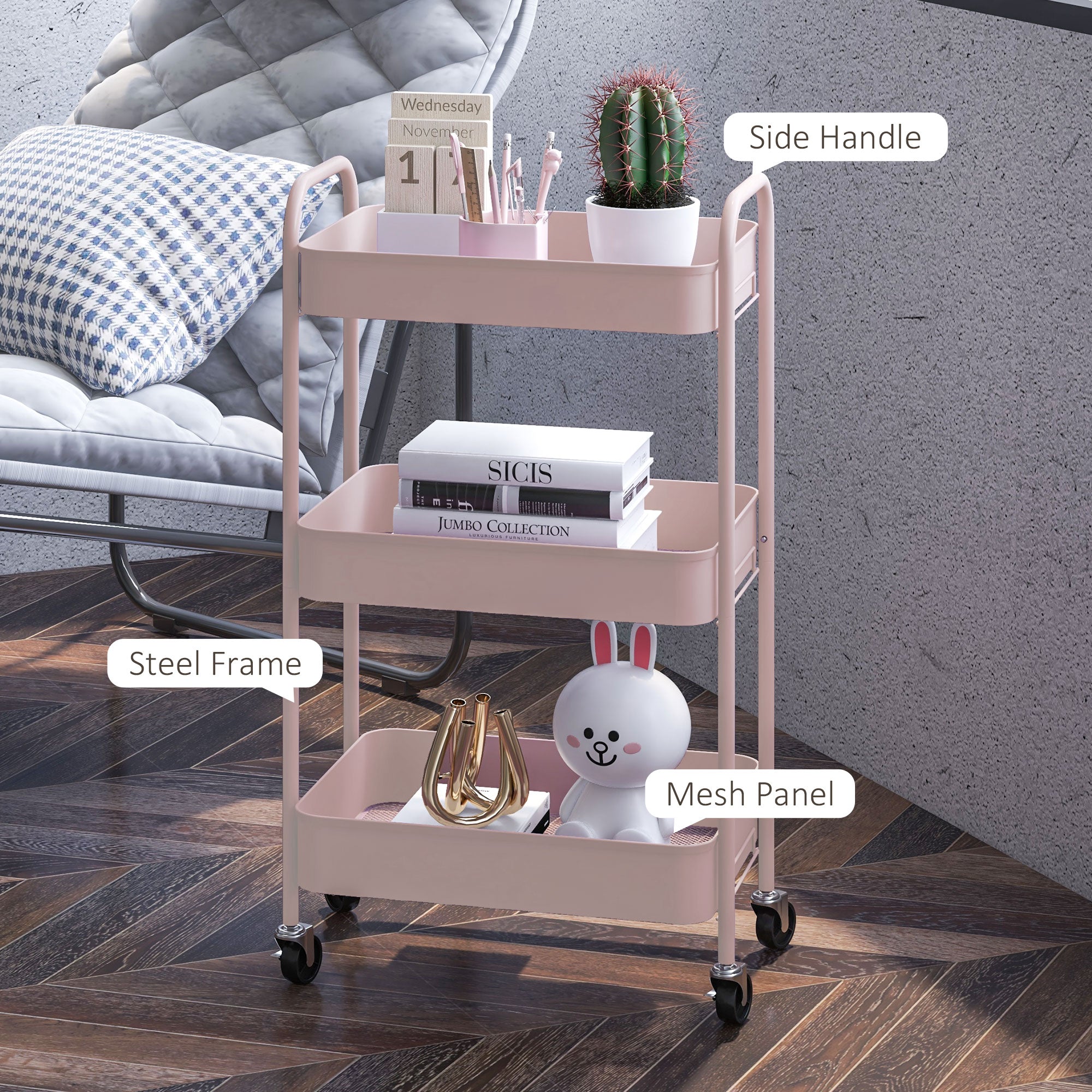 HOMCOM 3-tier Storage Trolley on Wheels, Metal Storage Cart, Rolling Ultility Cart with 3 Mesh Baskets for Living Room, Kitchen, Pink