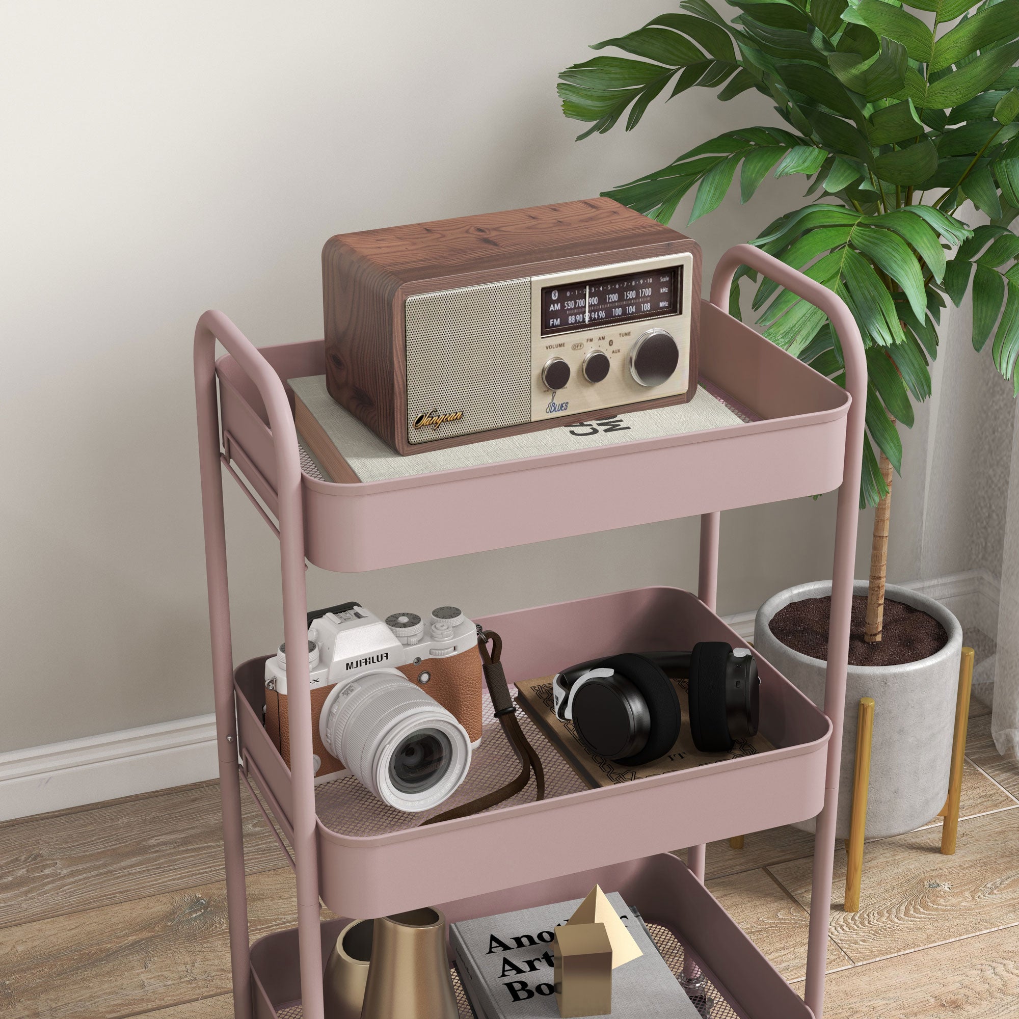 HOMCOM 3-tier Storage Trolley on Wheels, Metal Storage Cart, Rolling Ultility Cart with 3 Mesh Baskets for Living Room, Kitchen, Pink