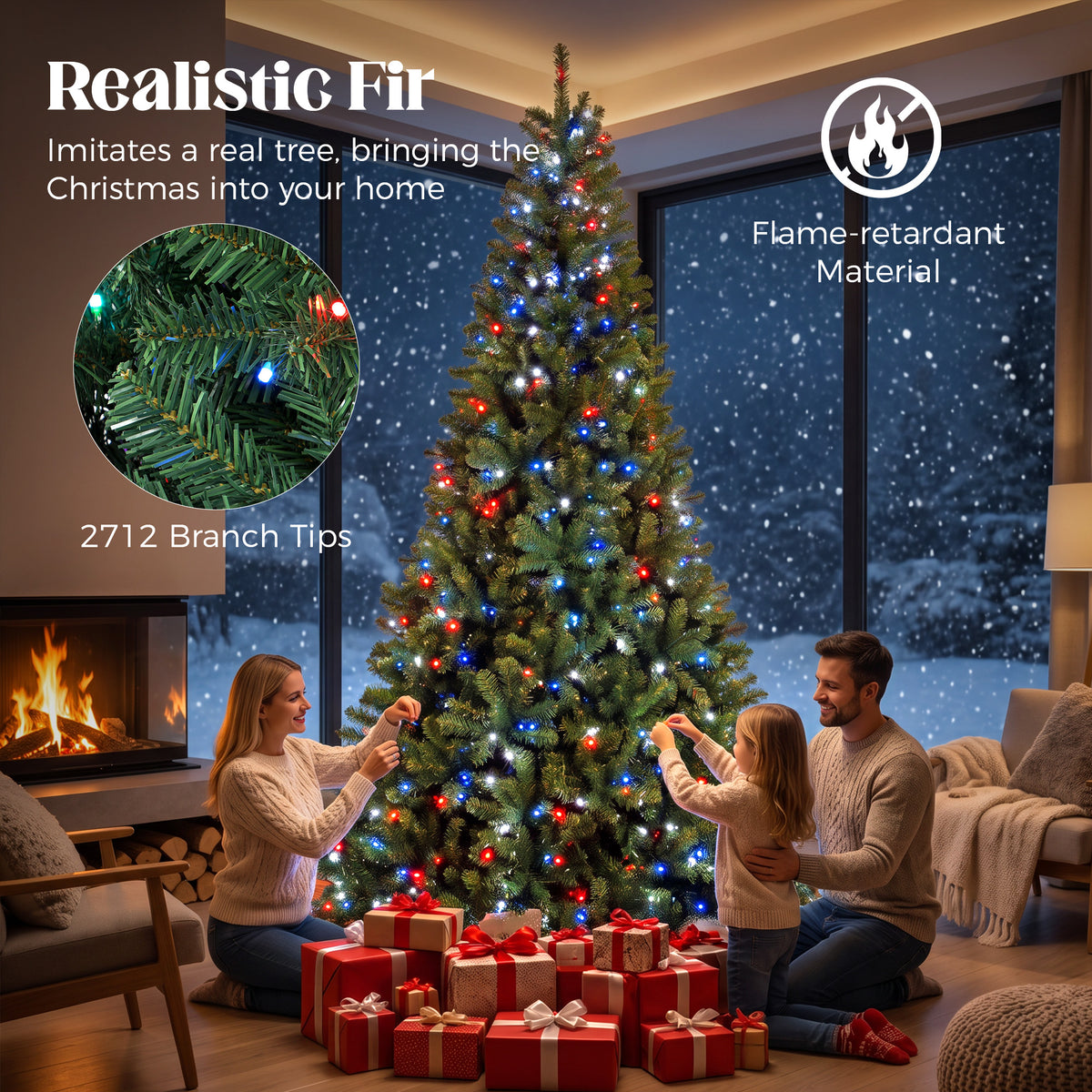 9ft Prelit Christmas Tree with Dimmable RGB LEDs, Remote Control, Daily Timer, Artificial Fir Holiday Decoration, Hinged Xmas Tree with 6 Dynamic Modes, Metal Stand, Easy Assembly, Green