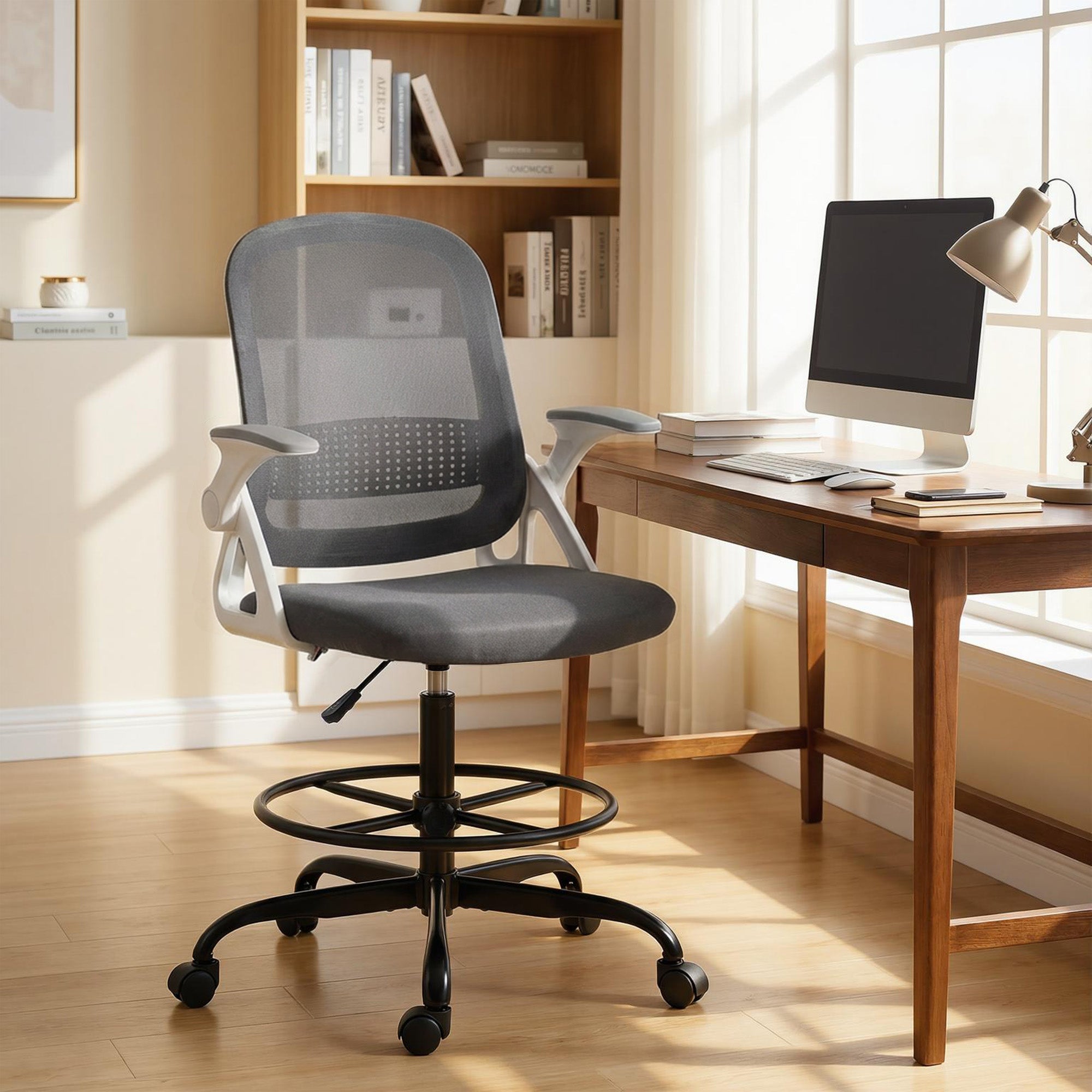 Drafting Chair, Mesh Standing Desk Chair with Flip-up Armrests, Adjustable Height and Footrest, Lumbar Support, Rolling Wheels for Home Office, Grey