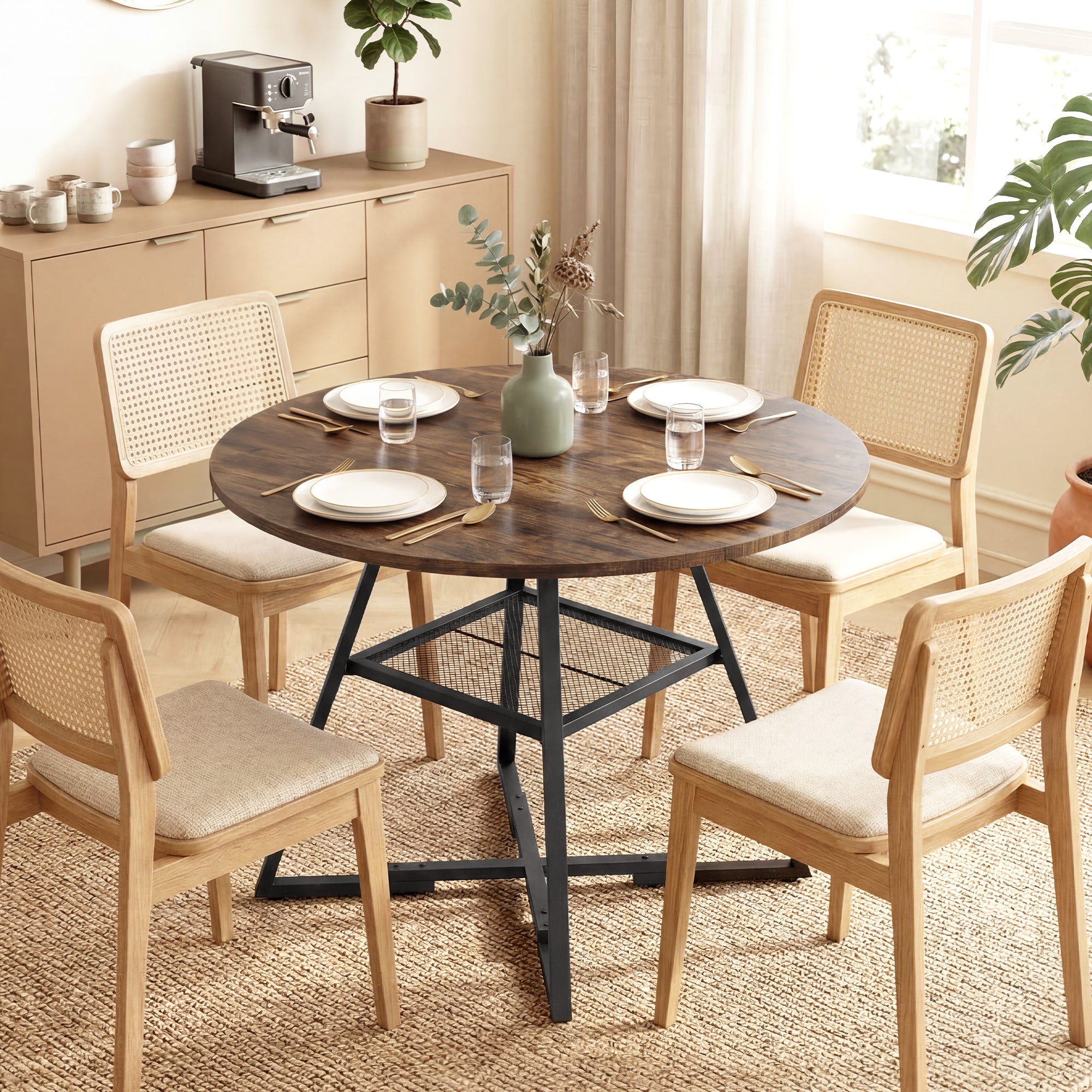 Dining Table for 4 People, 100 cm Round Industrial Kitchen Table with Storage Shelf, Wood Effect Tabletop, Metal Base for Kitchen, Dining Room, Living Room, Rustic Brown
