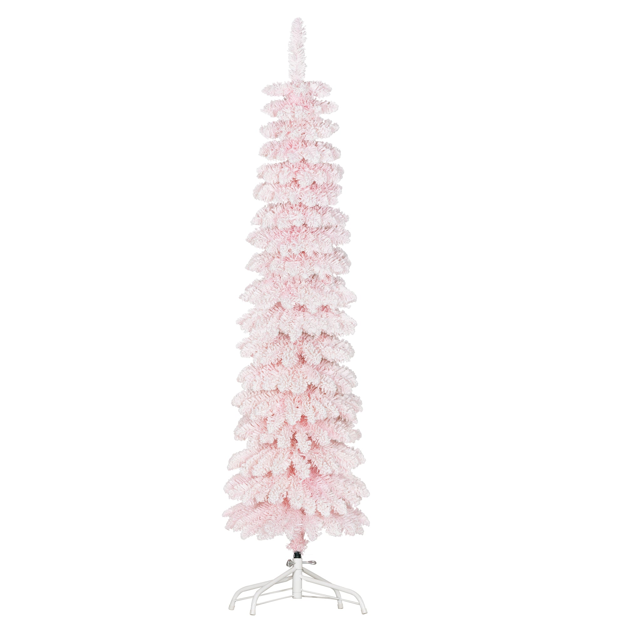 HOMCOM 5 FT Snow-Flocked Artificial Christmas Tree, Slim Pencil Xmas Tree with Realistic Branches, Metal Base, Pink