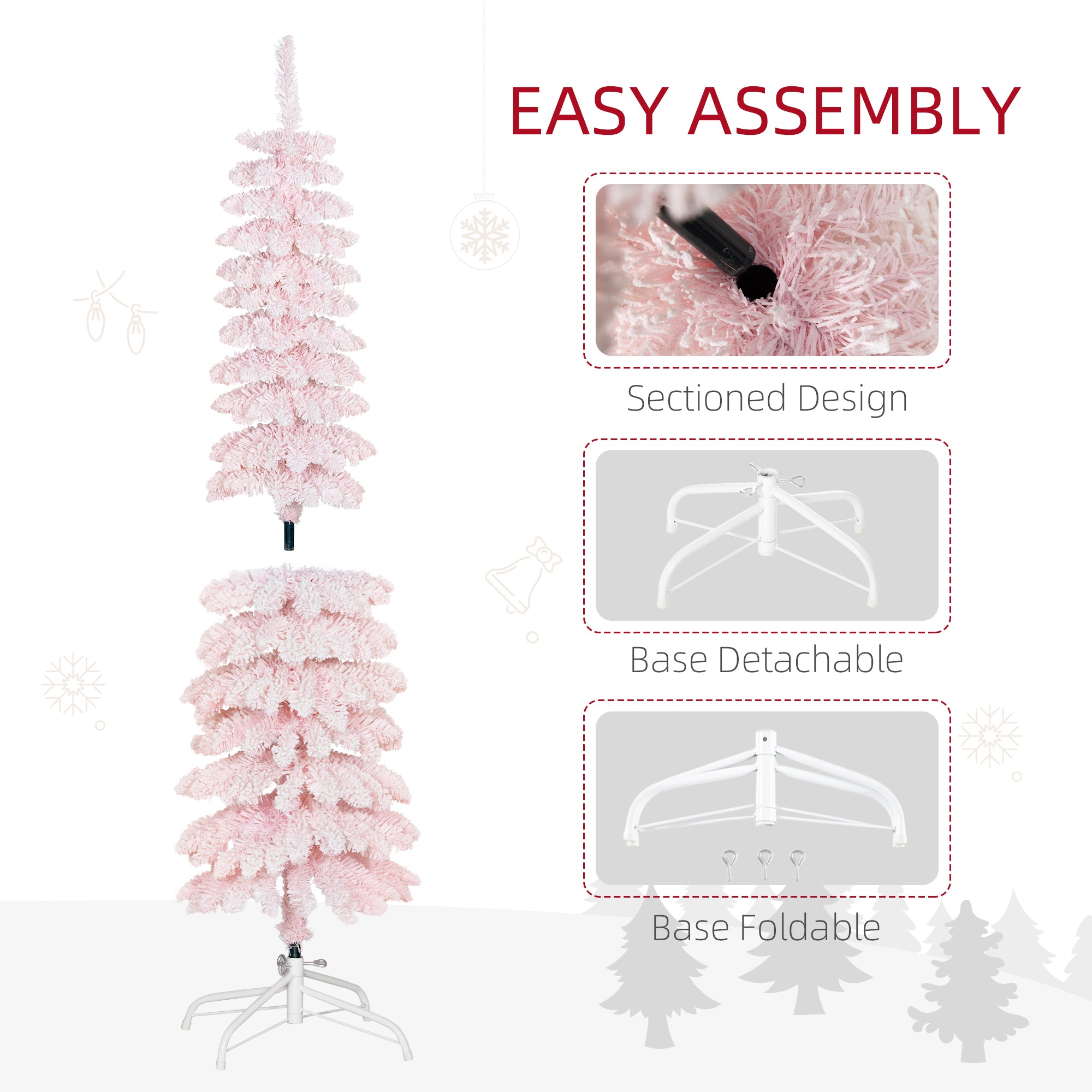 HOMCOM 5 FT Snow-Flocked Artificial Christmas Tree, Slim Pencil Xmas Tree with Realistic Branches, Metal Base, Pink