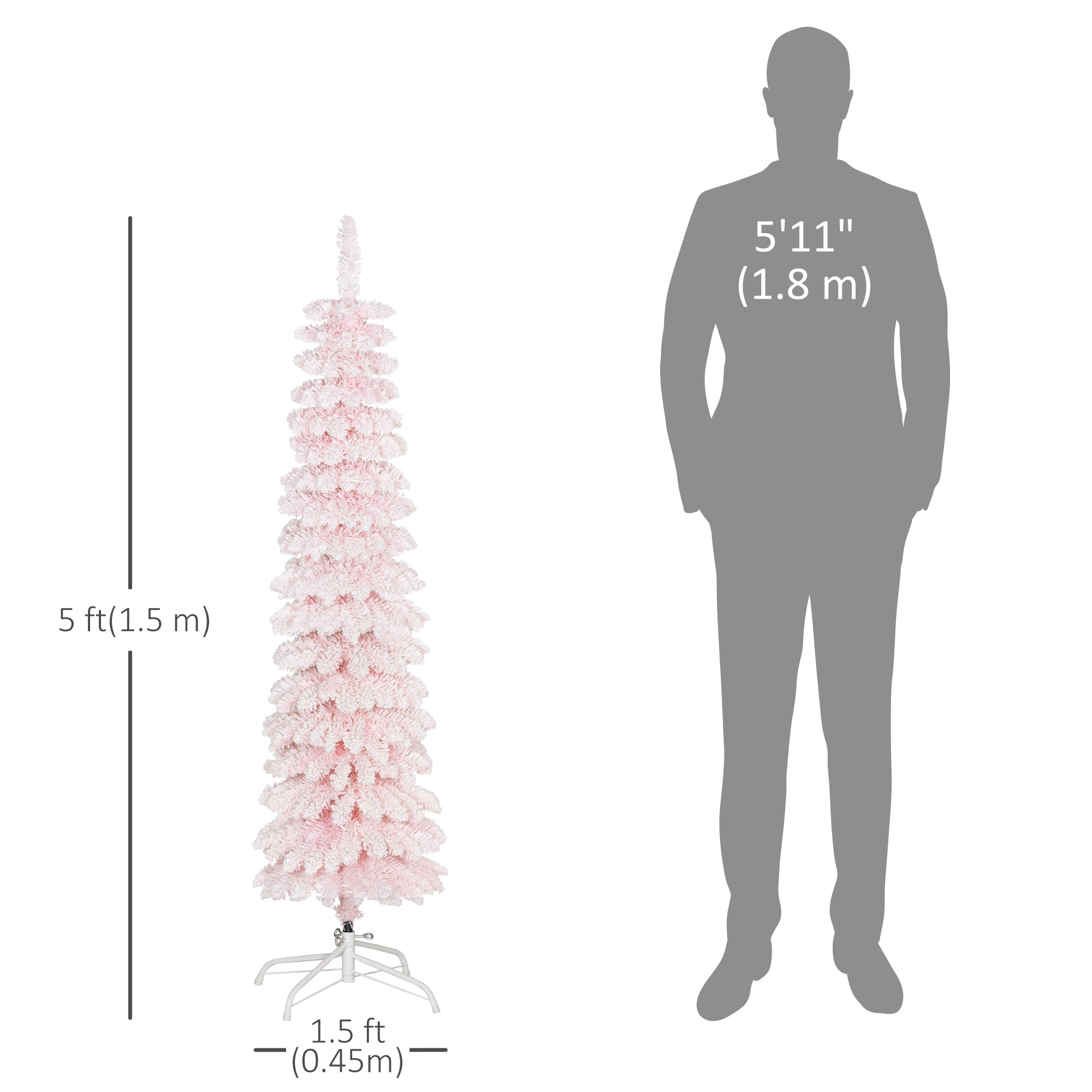 HOMCOM 5 FT Snow-Flocked Artificial Christmas Tree, Slim Pencil Xmas Tree with Realistic Branches, Metal Base, Pink