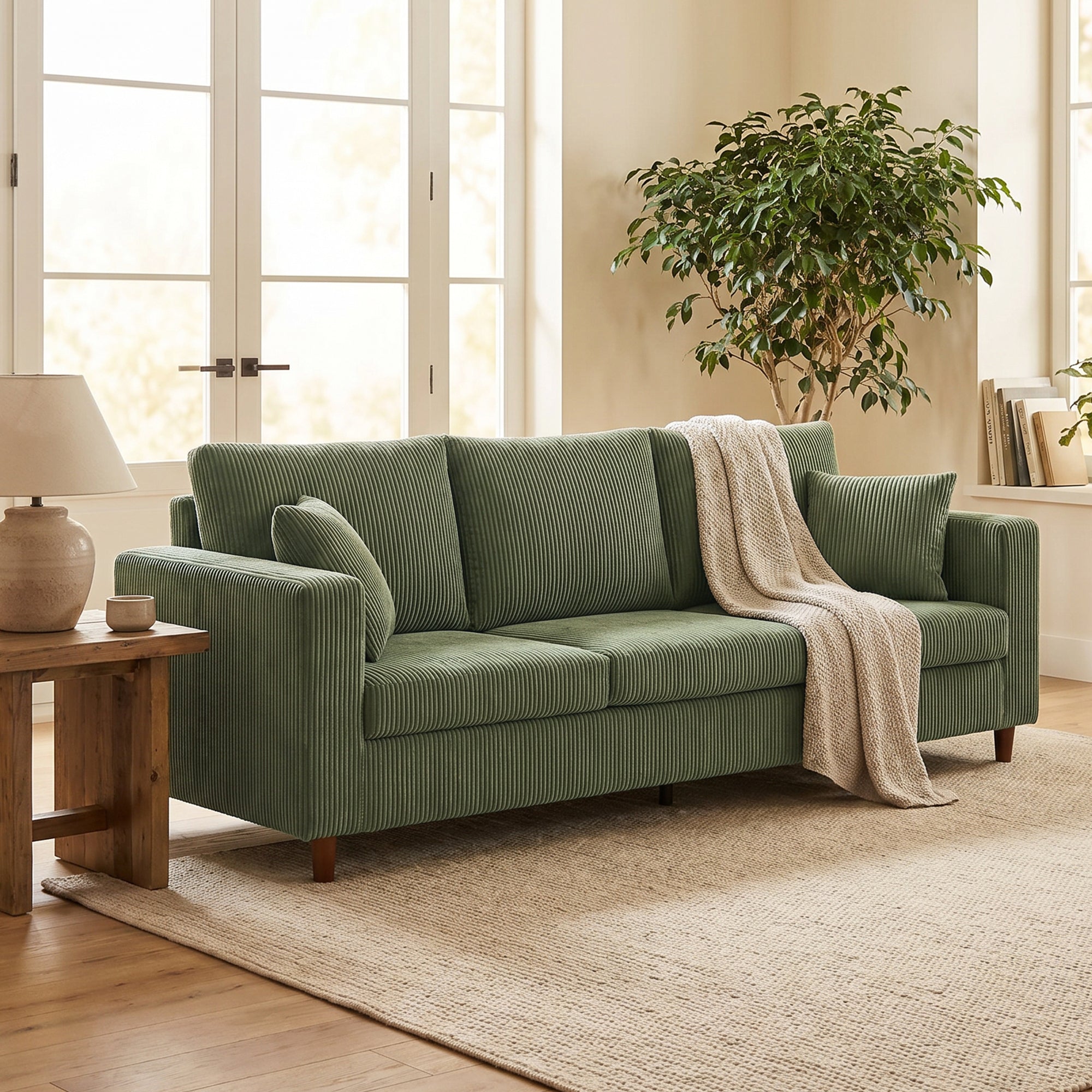 3 Seater Sofa, 225 cm Comfy Corduroy Couch with Wide Deep Seat, Wide Armrests, Spring Cushion, Thick Padded, Solid Wood Legs, Fabric Sofa for Living Room, Green