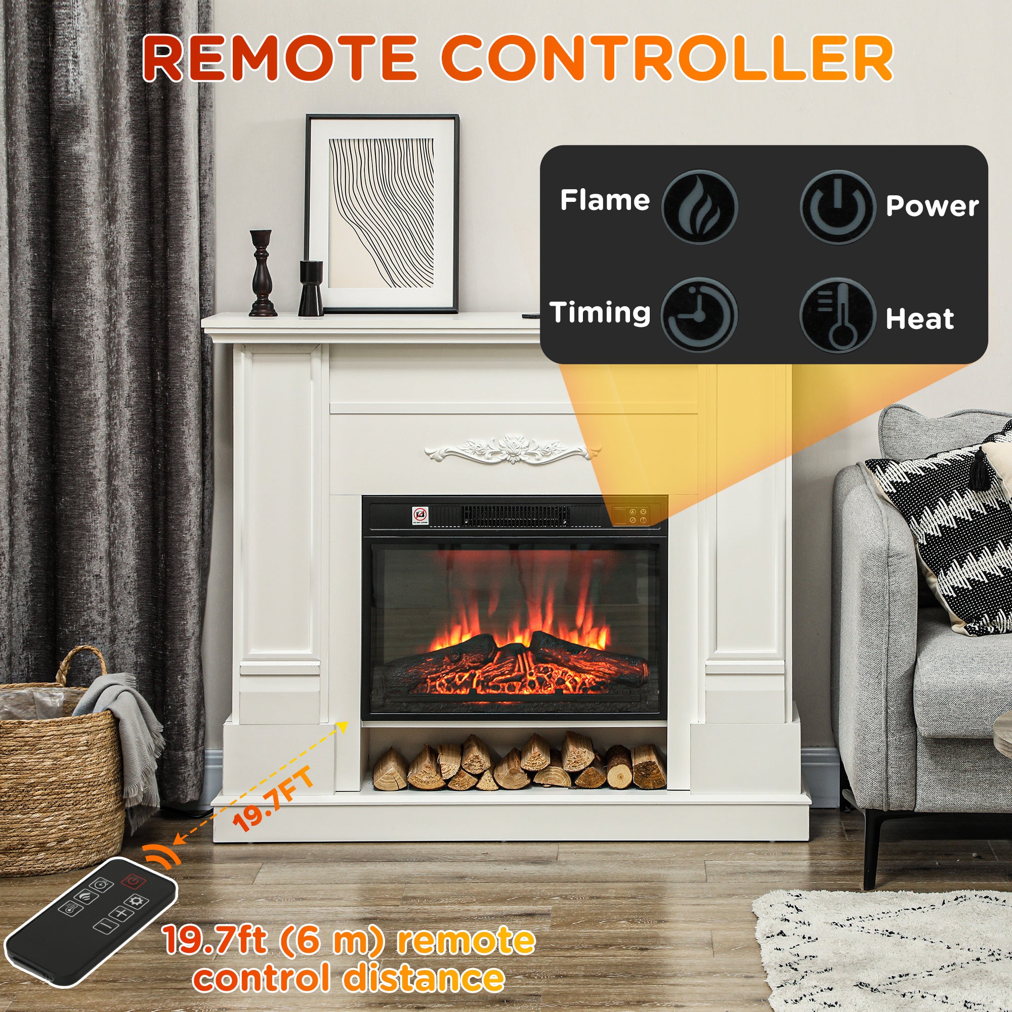 HOMCOM 46" Electric Fireplace with Mantel and Shelf, 1400W Freestanding Fireplace Heater with Realistic Log and Flame Effect, Remote Control, 6H Timer, for Living Room, White