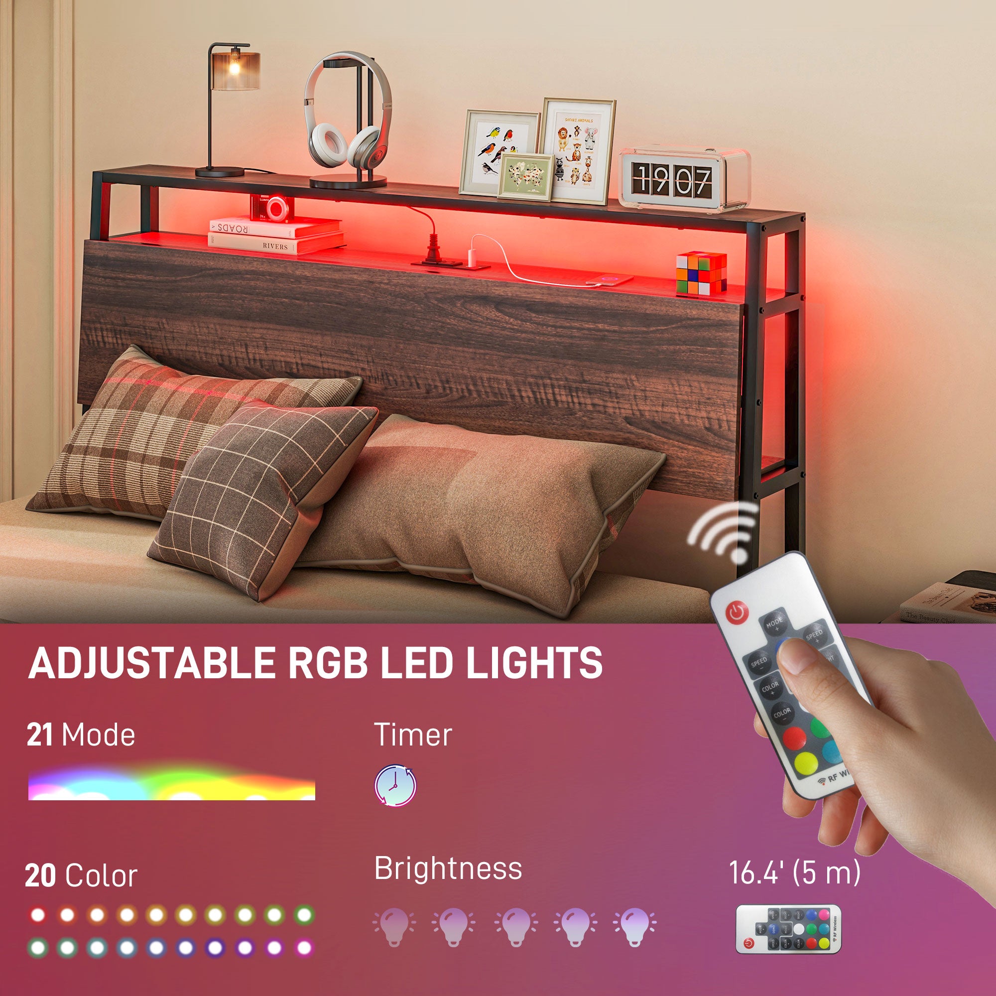 Full Size Bed Frame with LED Lights and Charging Station Storage Headboard Noise Free Walnut