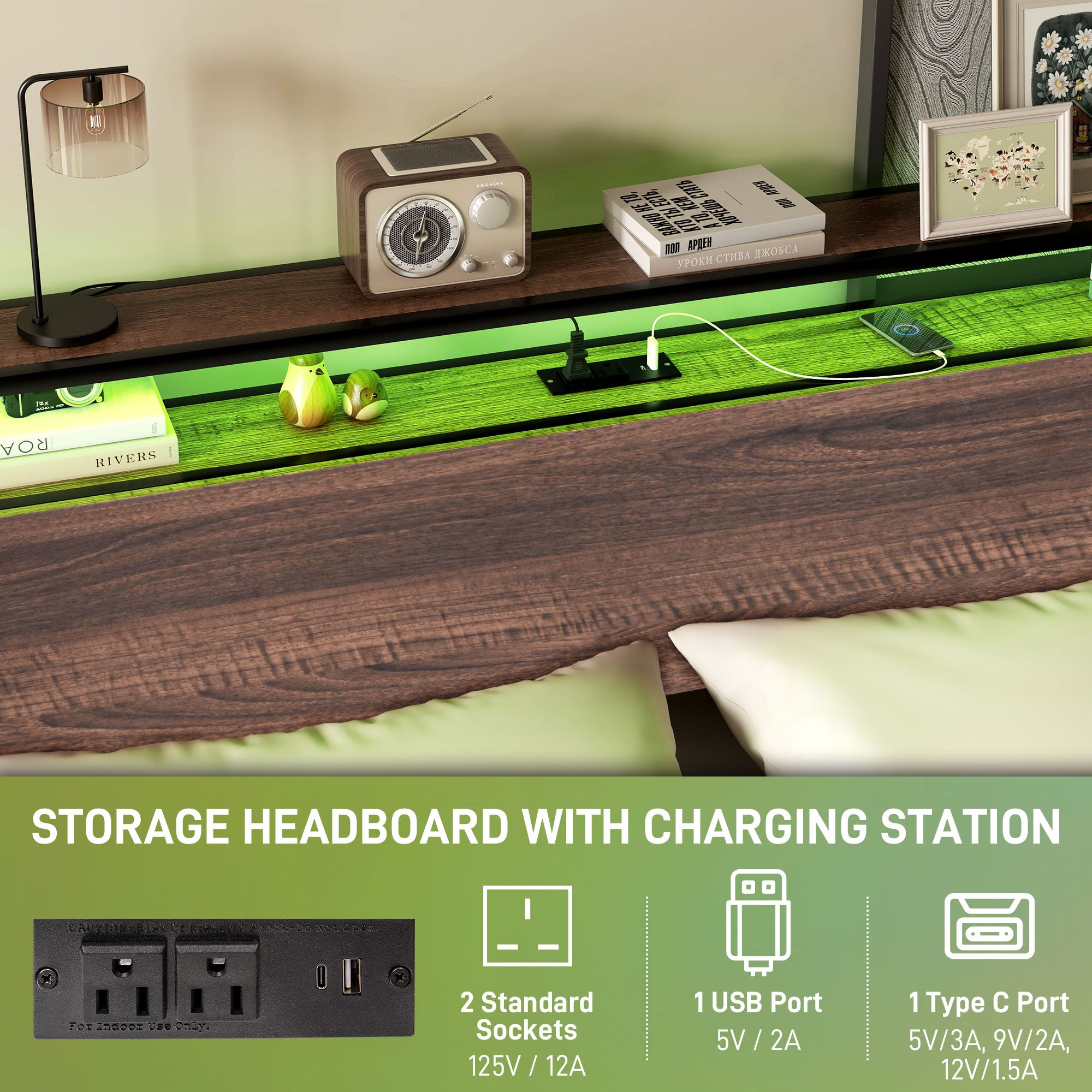 Full Size Bed Frame with LED Lights and Charging Station Storage Headboard Noise Free Walnut