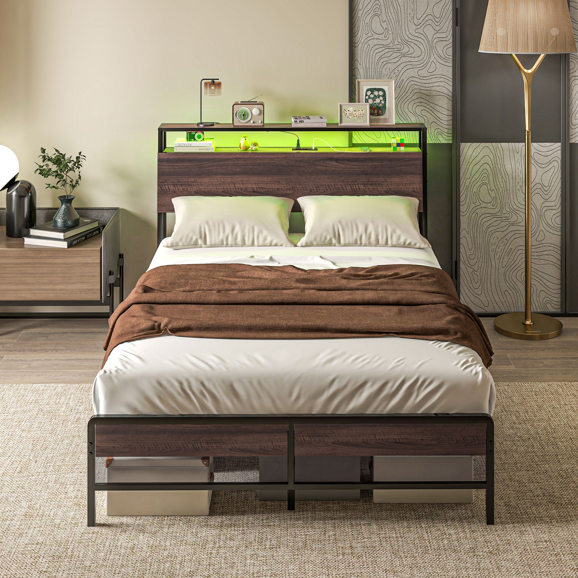 Full Size Bed Frame with LED Lights and Charging Station Storage Headboard Noise Free Walnut