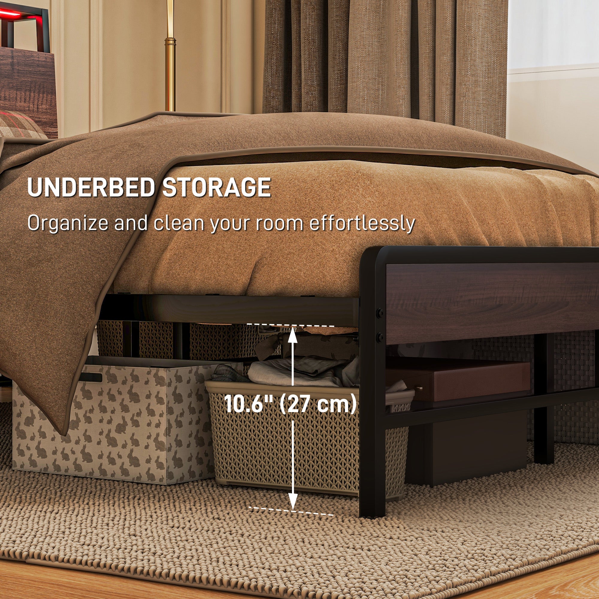 Full Size Bed Frame with LED Lights and Charging Station Storage Headboard Noise Free Walnut