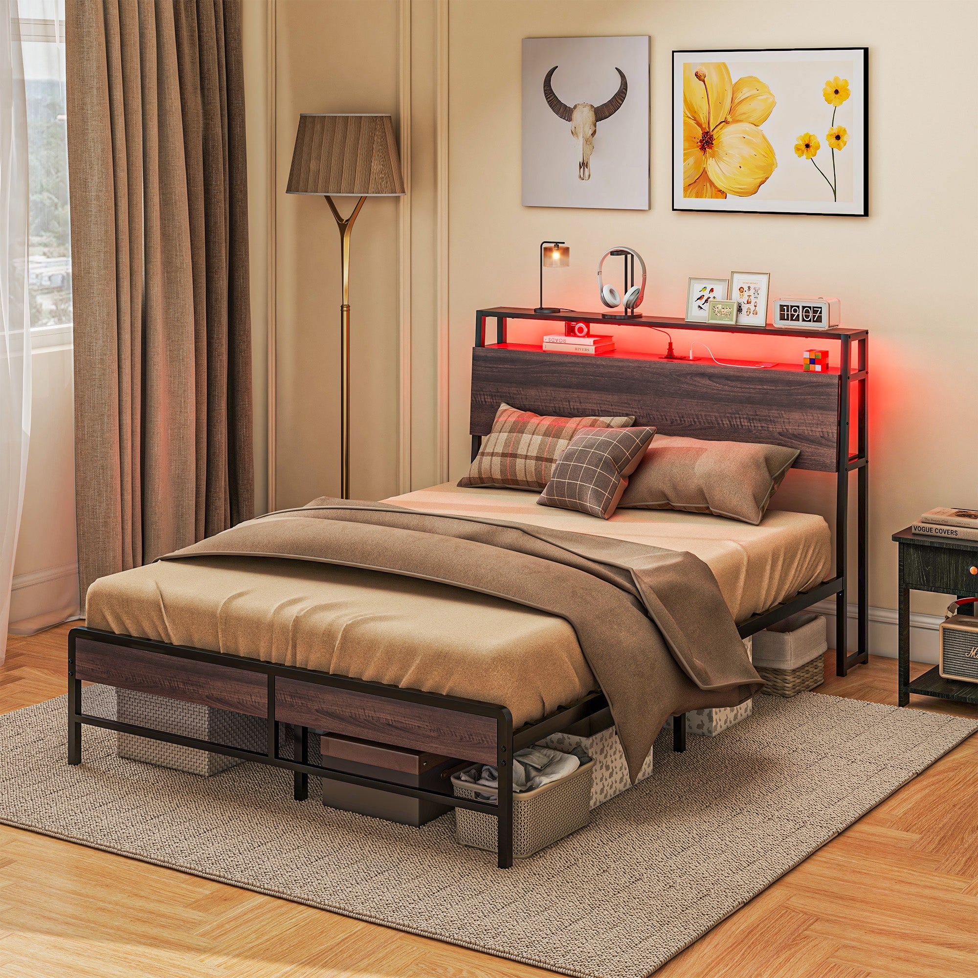 Full Size Bed Frame with LED Lights and Charging Station Storage Headboard Noise Free Walnut