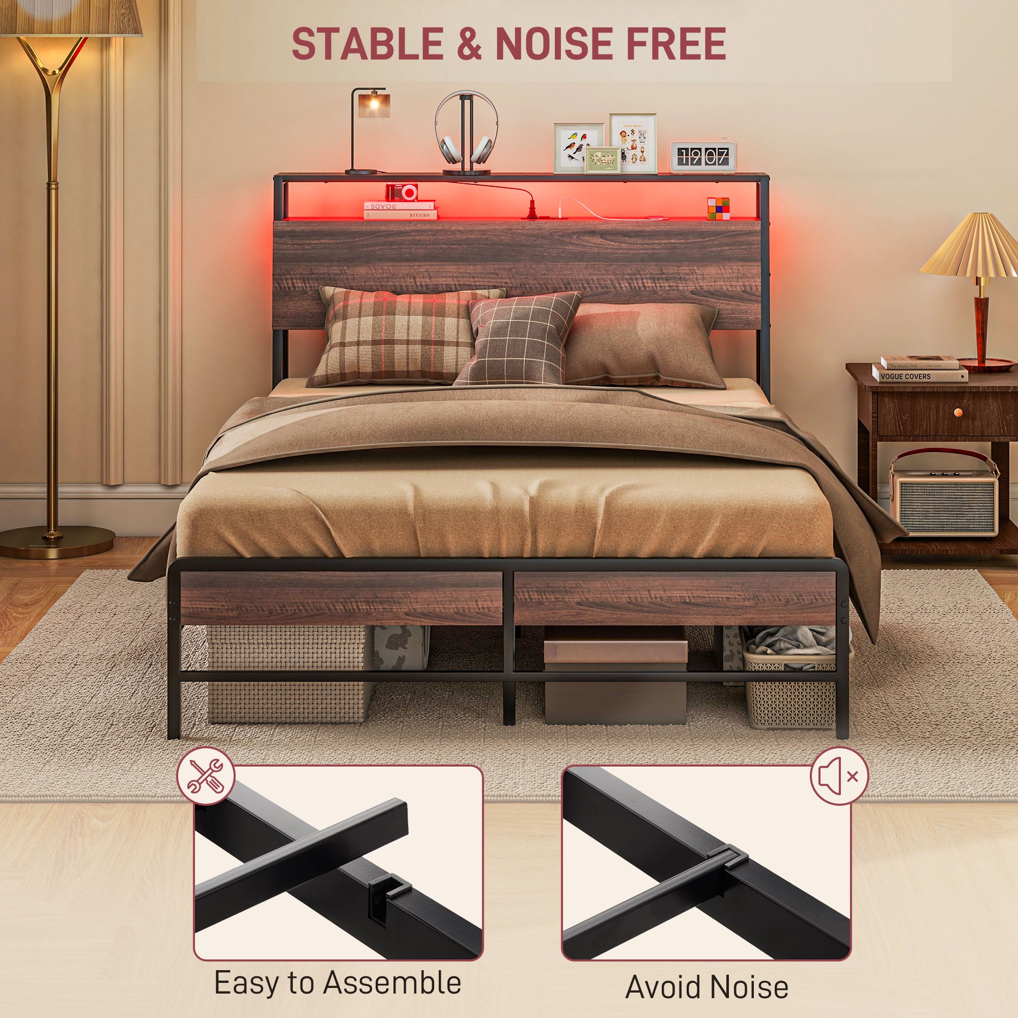 Full Size Bed Frame with LED Lights and Charging Station Storage Headboard Noise Free Walnut