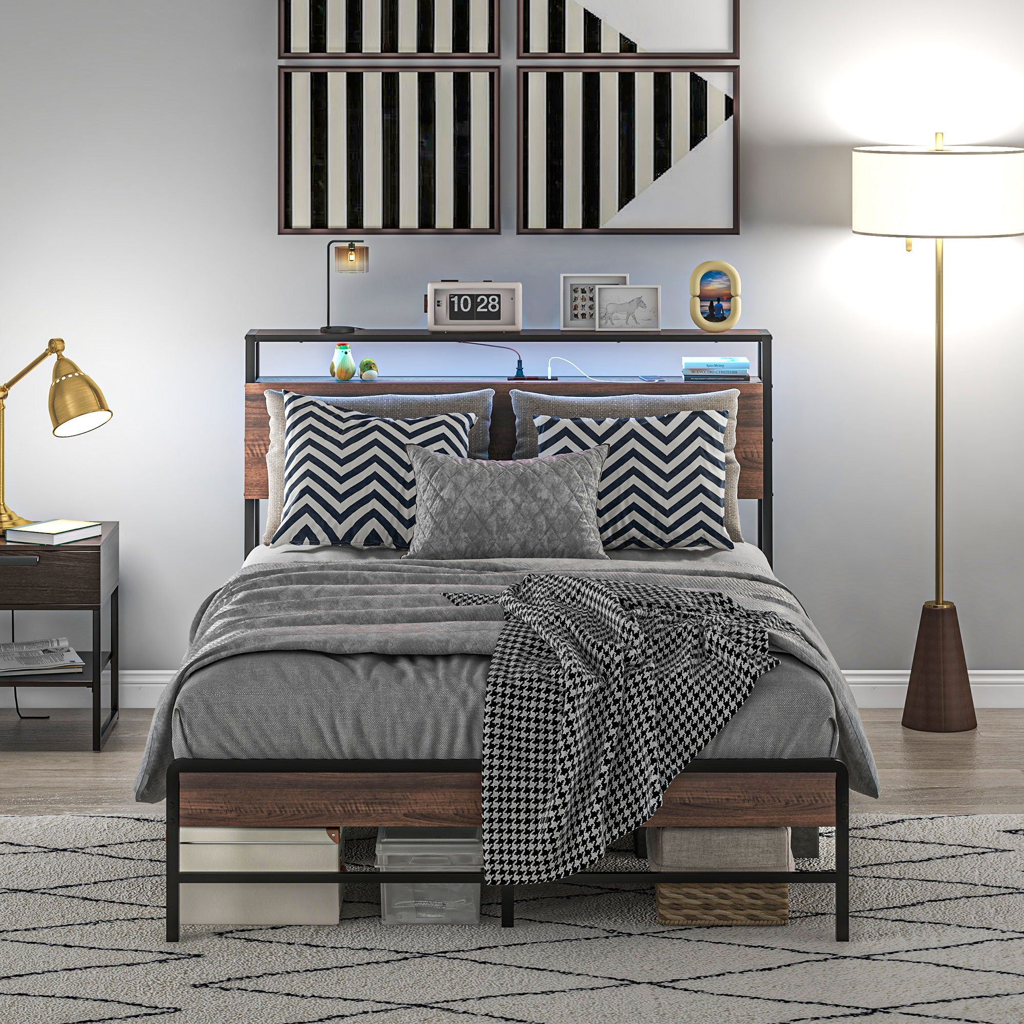 HOMCOM Full Bed Frame with Storage, Platform Bed Frame with Headboard, LED Lights, Charging Station, Steel Slats, Noise Free and Easy Assembly, No Box Spring Needed, Walnut