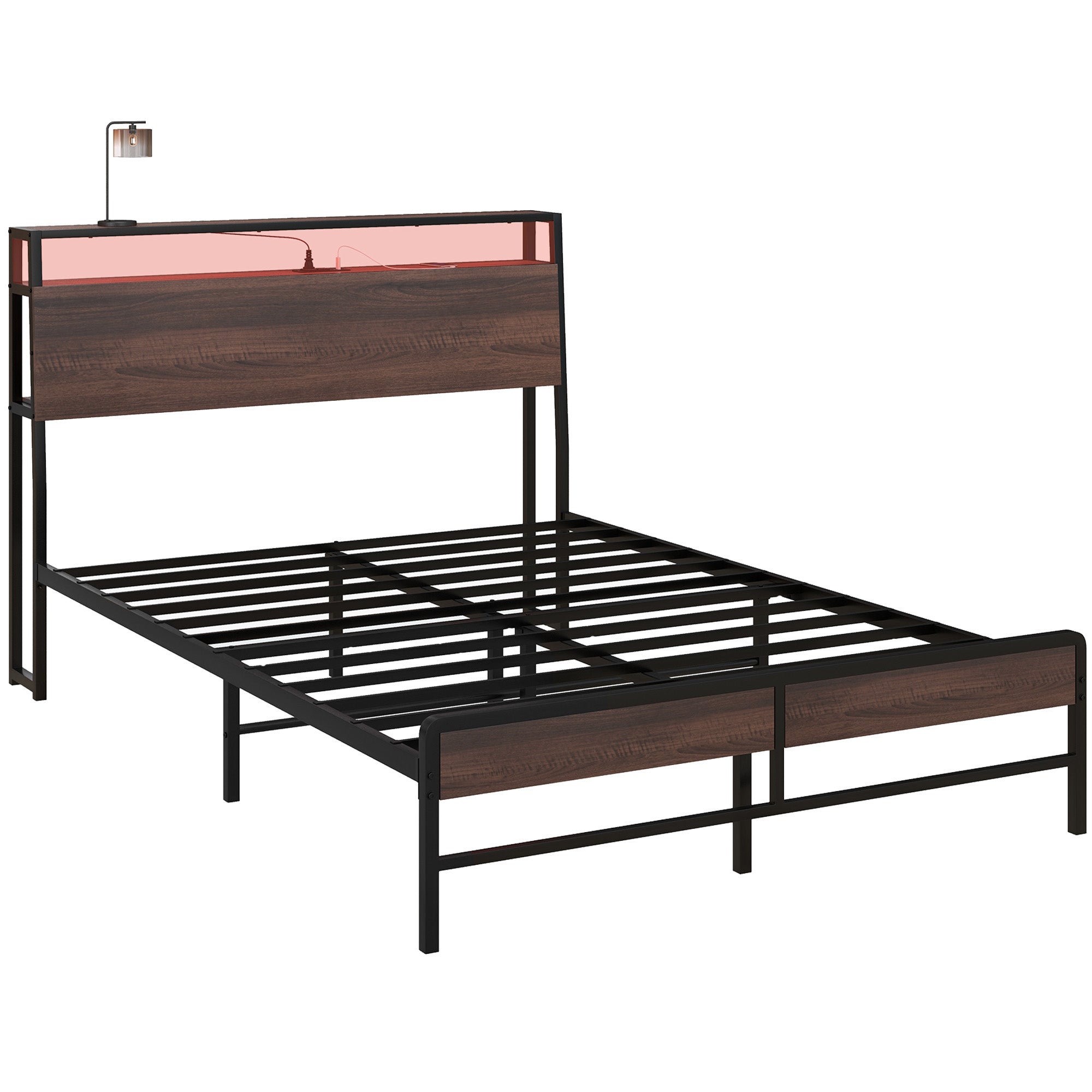 Full Size Bed Frame with LED Lights and Charging Station Storage Headboard Noise Free Walnut