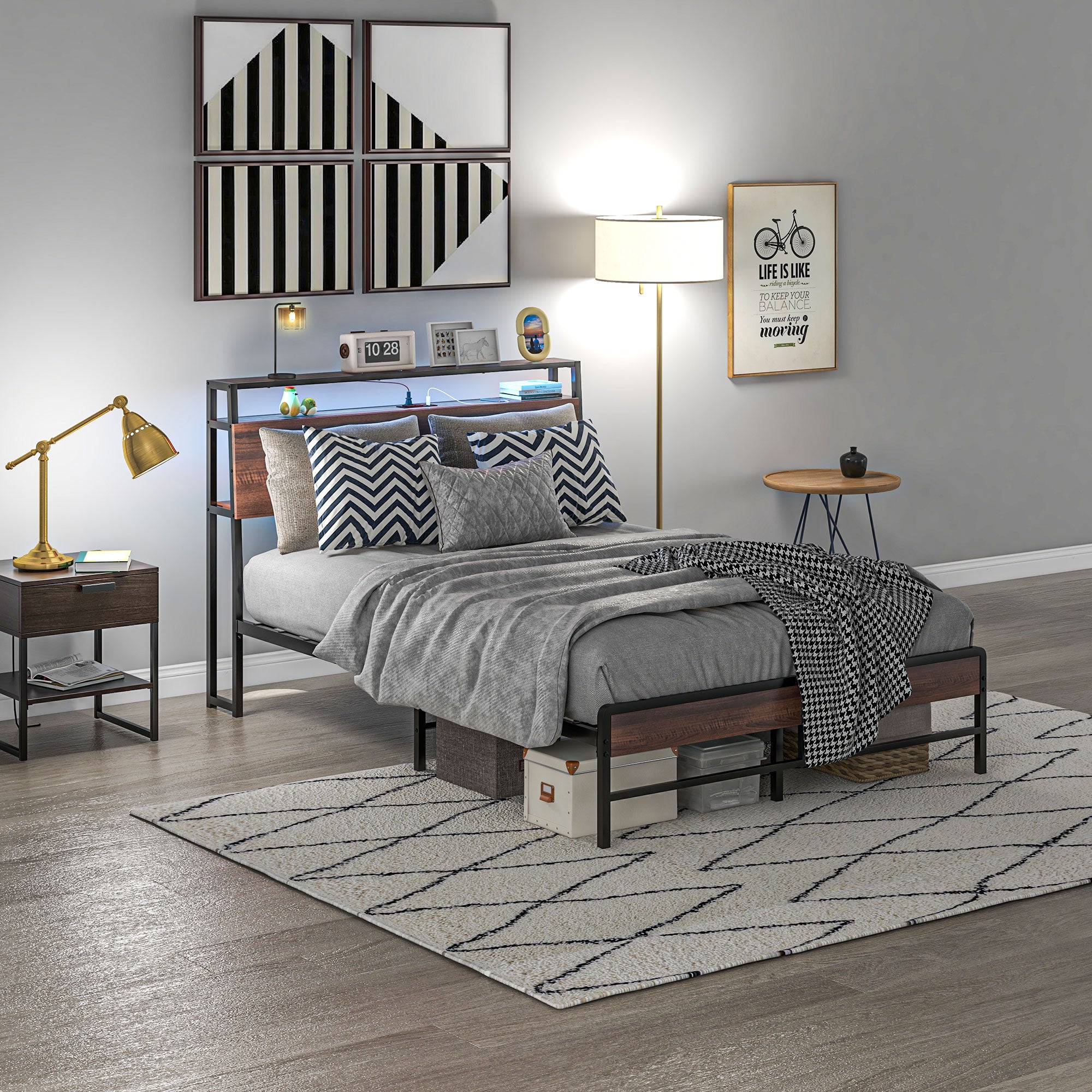 HOMCOM Full Bed Frame with Storage, Platform Bed Frame with Headboard, LED Lights, Charging Station, Steel Slats, Noise Free and Easy Assembly, No Box Spring Needed, Walnut