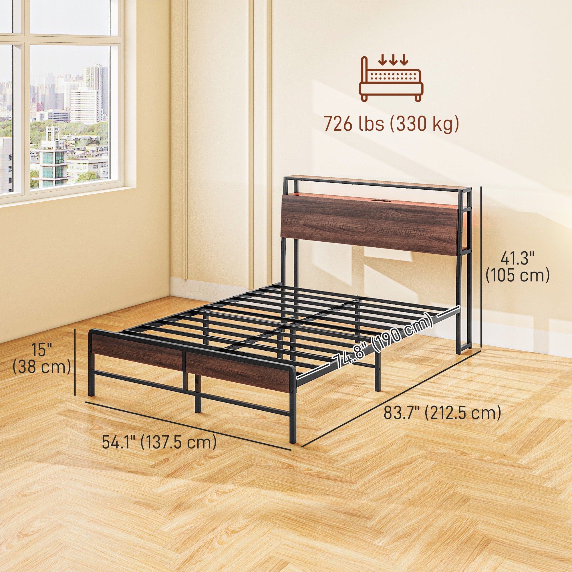 HOMCOM Full Bed Frame with Storage, Platform Bed Frame with Headboard, LED Lights, Charging Station, Steel Slats, Noise Free and Easy Assembly, No Box Spring Needed, Walnut