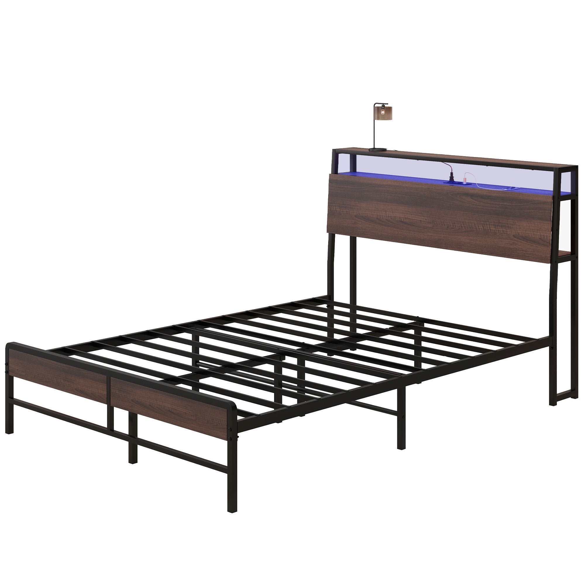 Full Size Bed Frame with LED Lights and Charging Station Storage Headboard Noise Free Walnut