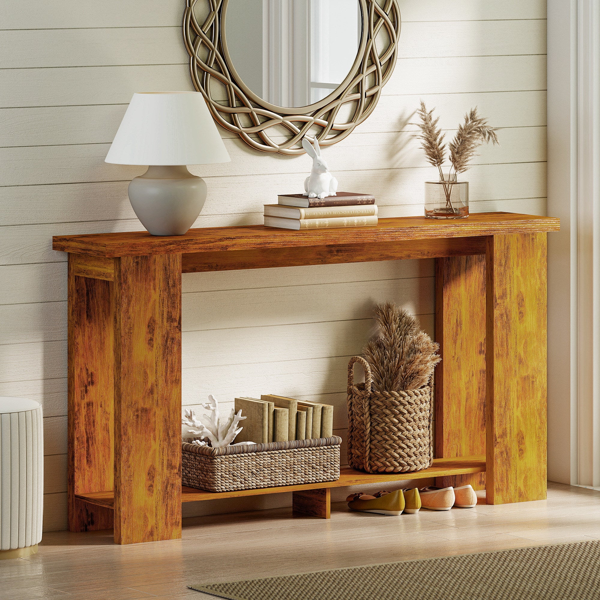 Farmhouse Console Table, 63" Narrow Entryway Table with Storage Shelf and Thickened Tabletop for Living Room, Hallway, Entrance, Distressed Brown