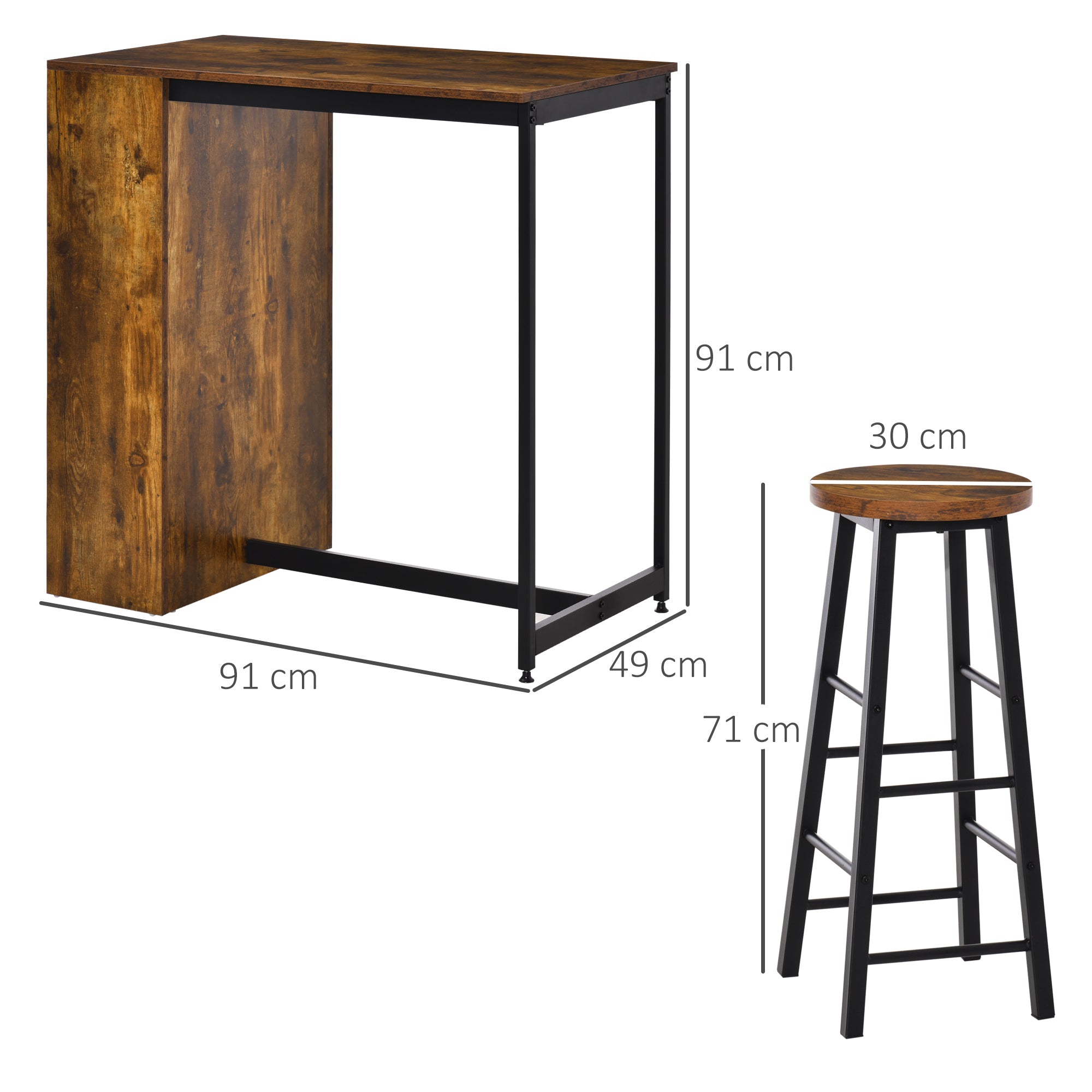 HOMCOM 3 Piece Industrial Style Bar Table Set, Pub Dining Table Set Bar Height Table and 2 Stools with Storage Shelf for Kitchen, Living Room, Rustic Brown