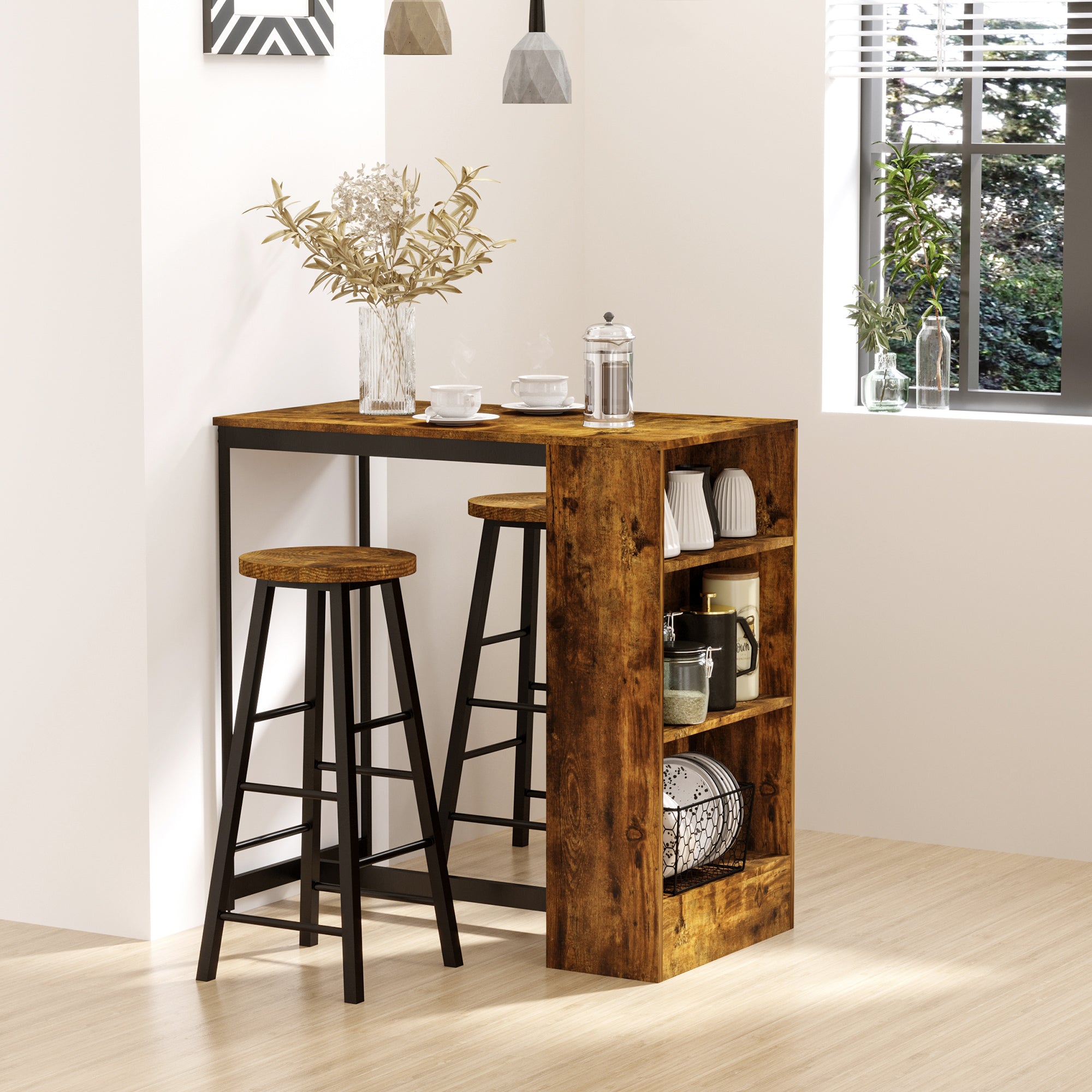 HOMCOM 3 Piece Industrial Style Bar Table Set, Pub Dining Table Set Bar Height Table and 2 Stools with Storage Shelf for Kitchen, Living Room, Rustic Brown