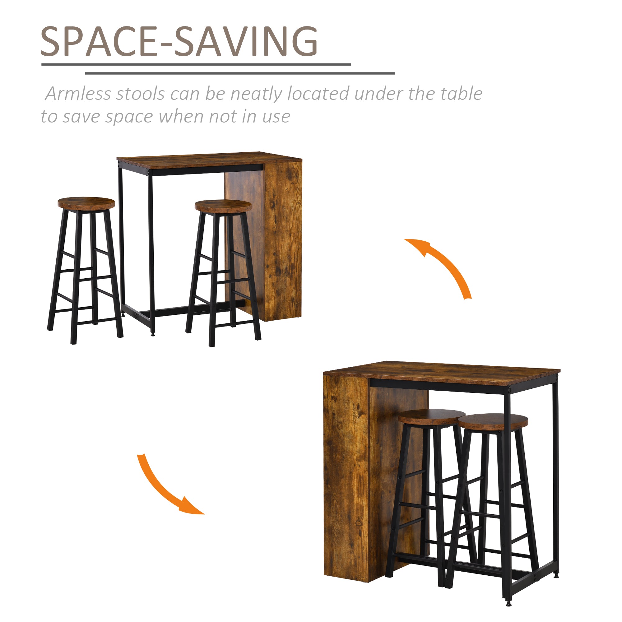 HOMCOM 3 Piece Industrial Style Bar Table Set, Pub Dining Table Set Bar Height Table and 2 Stools with Storage Shelf for Kitchen, Living Room, Rustic Brown