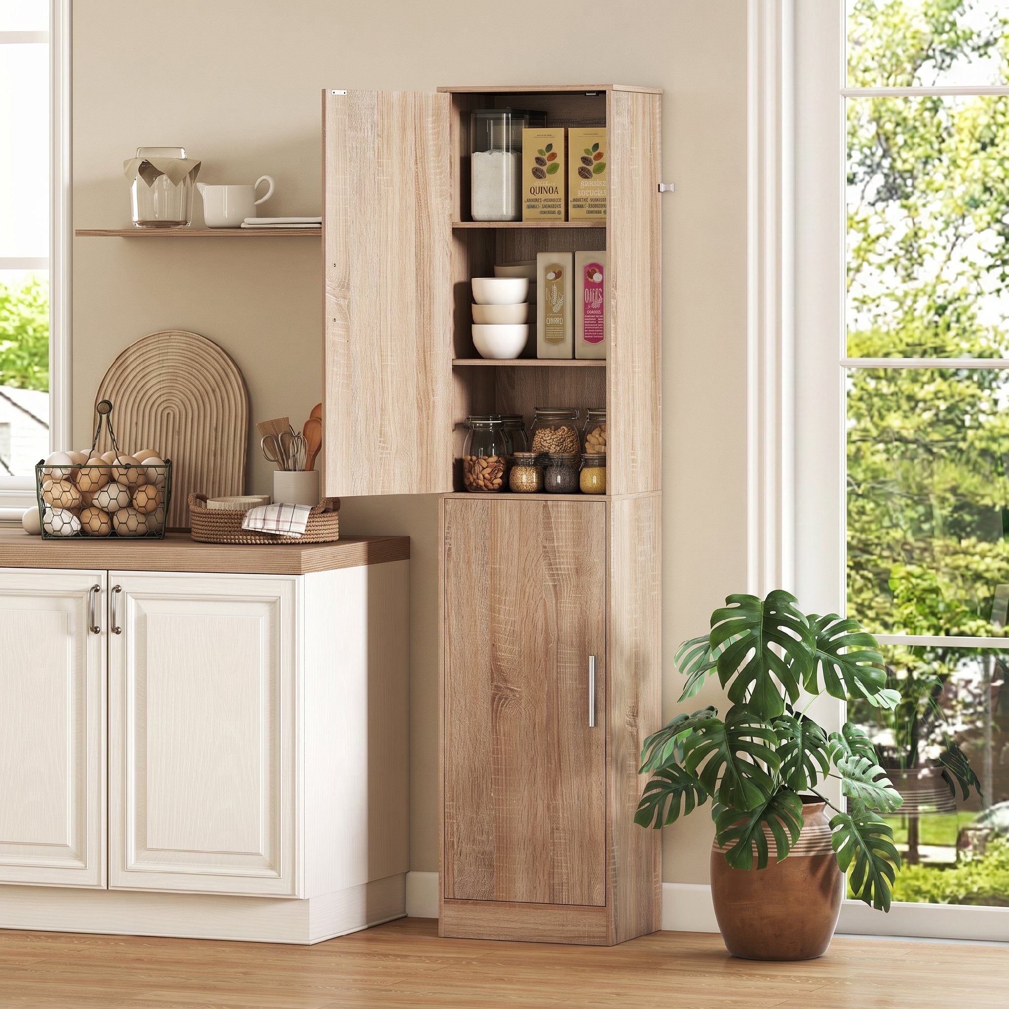 71" Tall Bathroom Cabinet, Slim 6-Tier Bathroom Floor Cabinet with 2 Doors, 4 Adjustable Shelves, Standing Storage Unit for Small Spaces, Living Room, Kitchen, Natural Wood