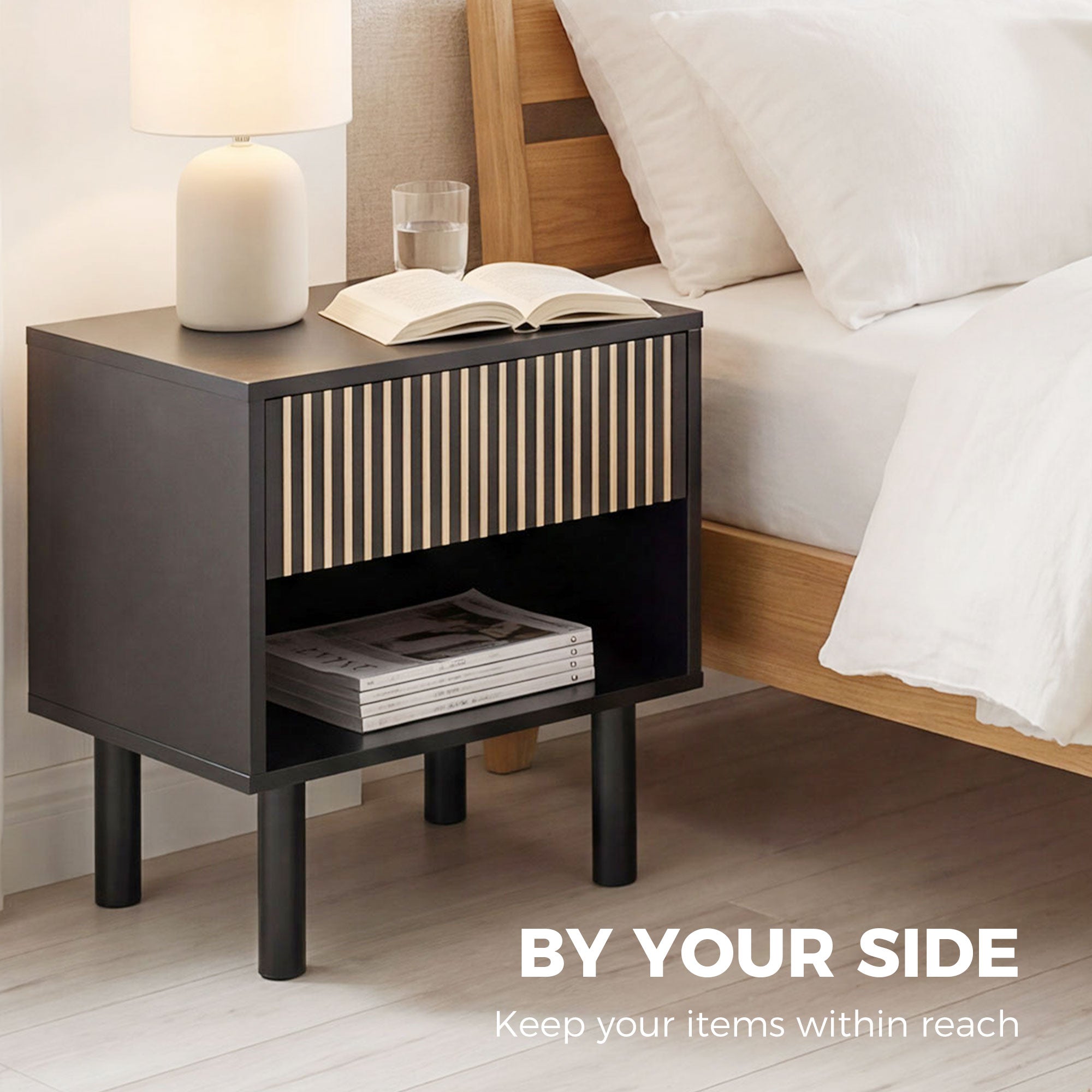 Modern Nightstand, Bedside Table with Drawer and Open Shelf, Side End Table for Bedroom, Black