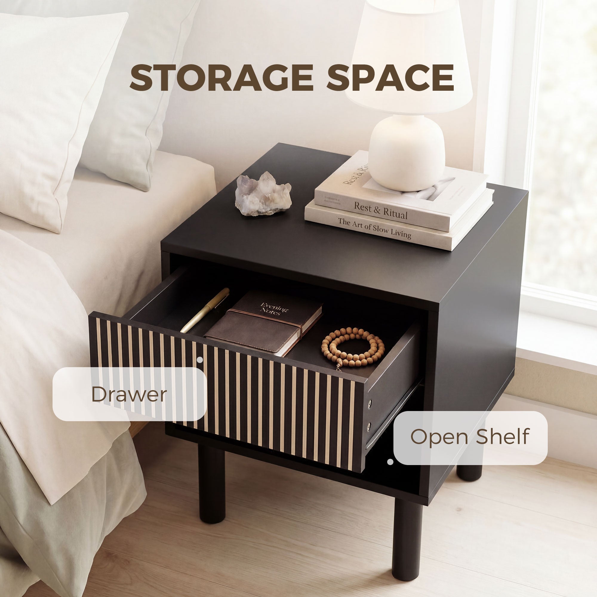 Modern Nightstand, Bedside Table with Drawer and Open Shelf, Side End Table for Bedroom, Black