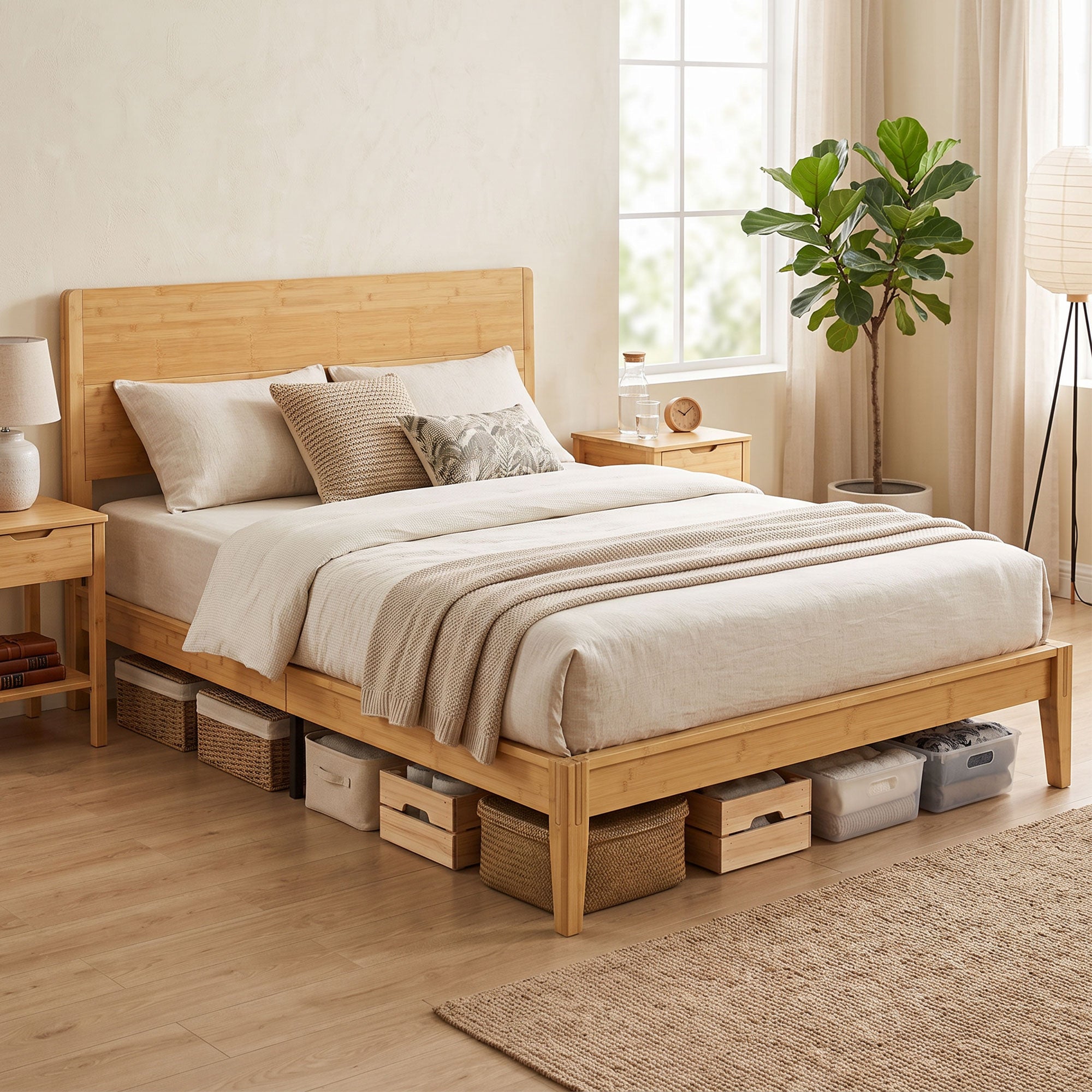 Queen Size Bamboo Platform Bed Frame with Headboard, Bed Frame with 12 Poplar Slats, No Box Spring Needed, Easy Assembly, Natural