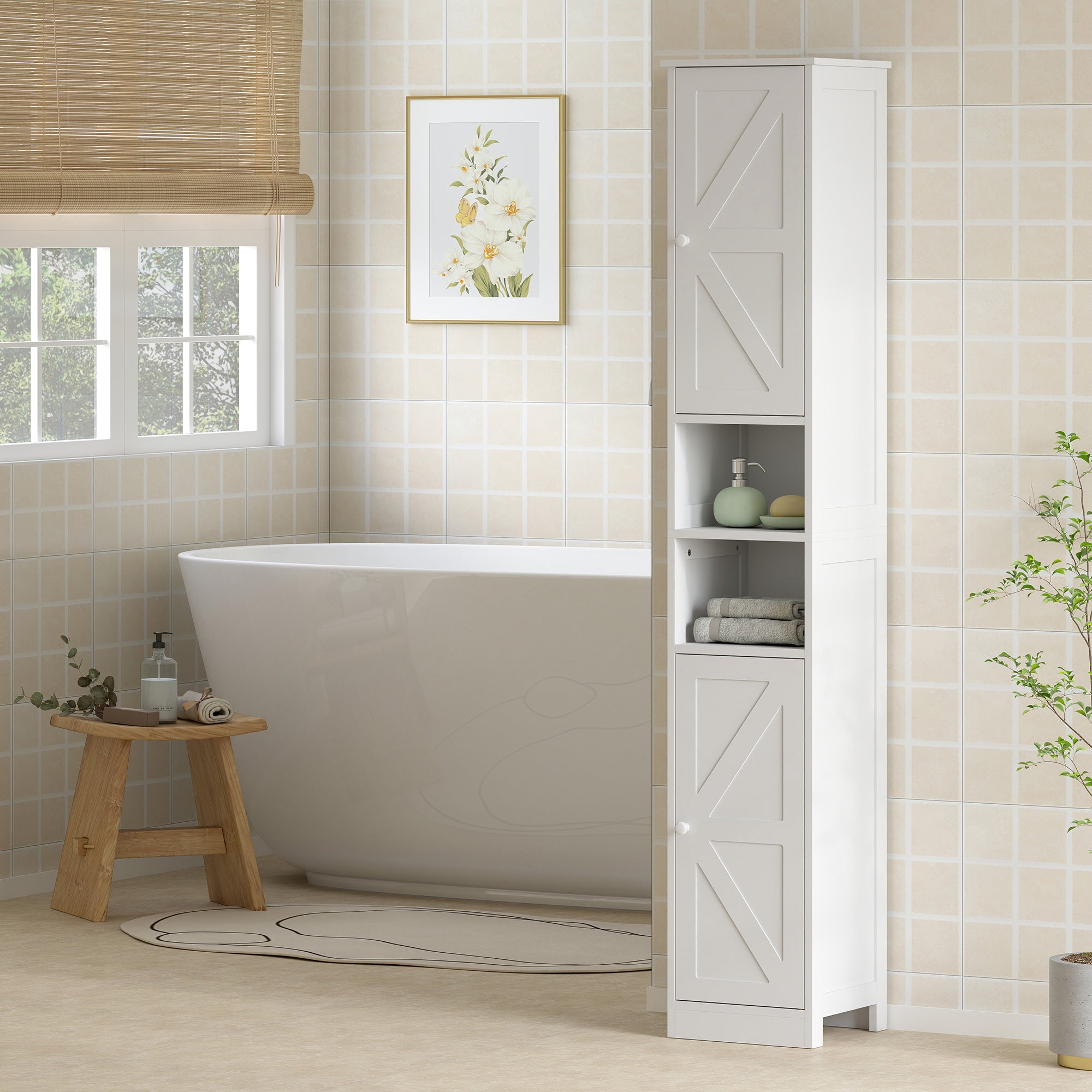 Narrow Tall Bathroom Storage Cabinet, 70" Slim Freestanding Bathroom Cabinet with Adjustable Shelves, Open Shelves and Barn Doors for Small Spaces, White