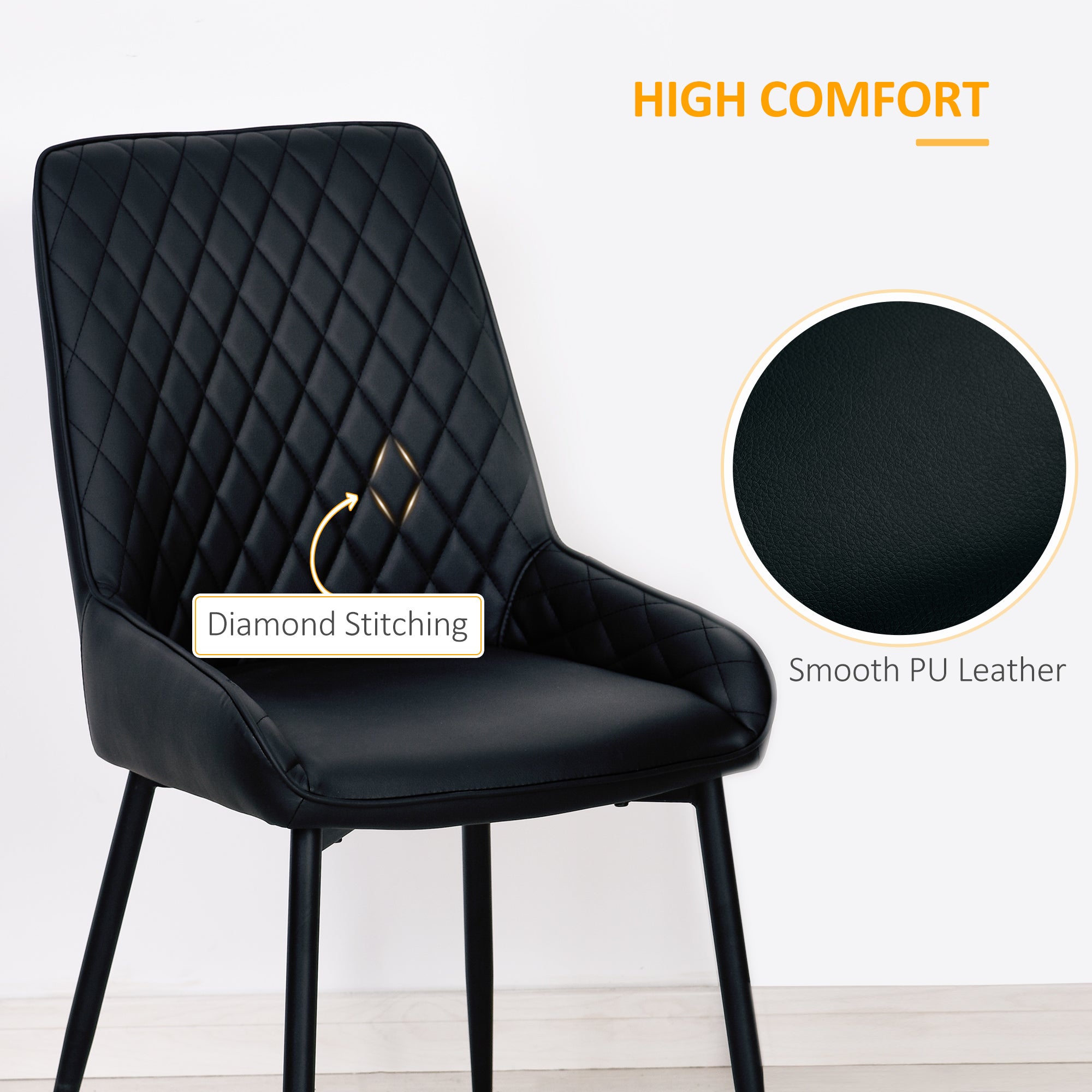 HOMCOM Dining Chairs Set of 2, Modern PU Leather Upholstered Kitchen Chairs with Diamond Tufted Backs and Steel Legs for Living Room, Dining Room, Bedroom, Black