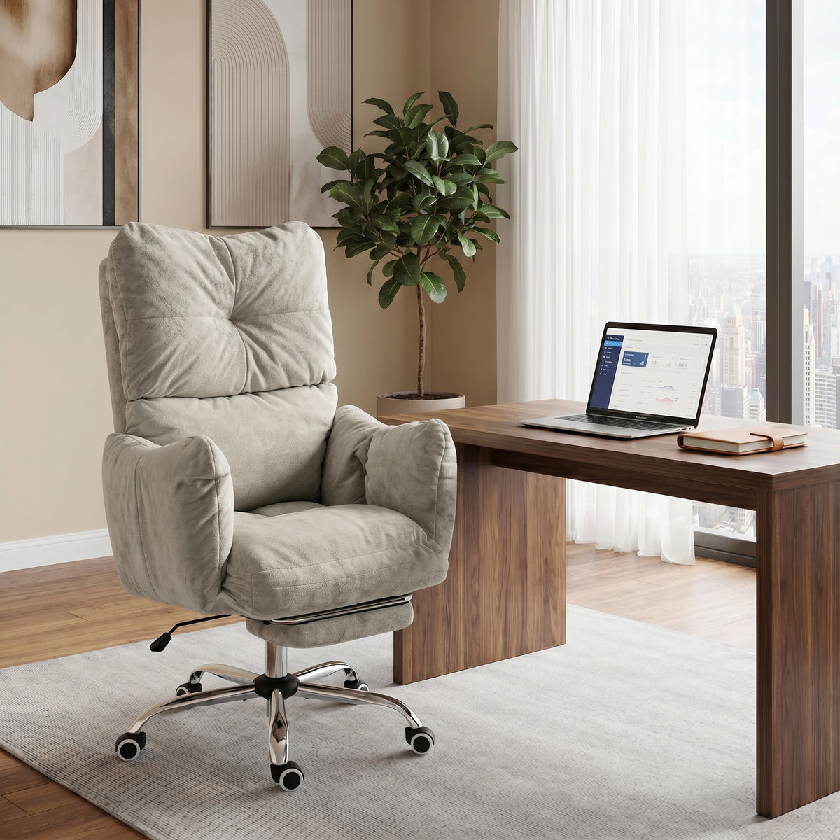 Office Chair with Foot Rest, Ergonomic Reclining Computer Gaming Chair with Snow Flannel Fabric, Thick Cushion, Padded Armrest, High Back and Adjustable Height, Light Grey