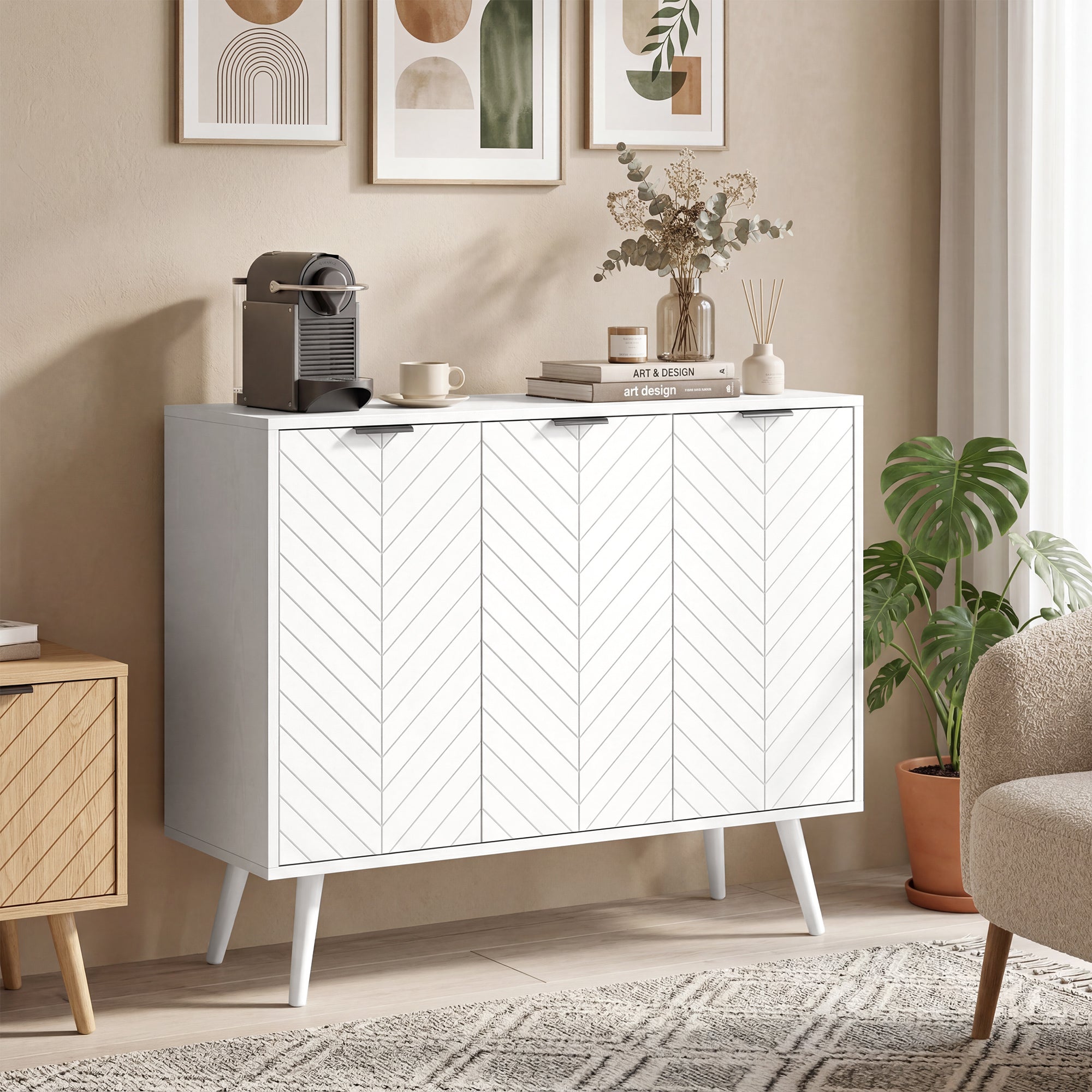 Modern Sideboard Buffet Cabinet, 36" Kitchen Storage Cabinet with 3 Doors and 2 Adjustable Shelves, Coffee Bar Station, White