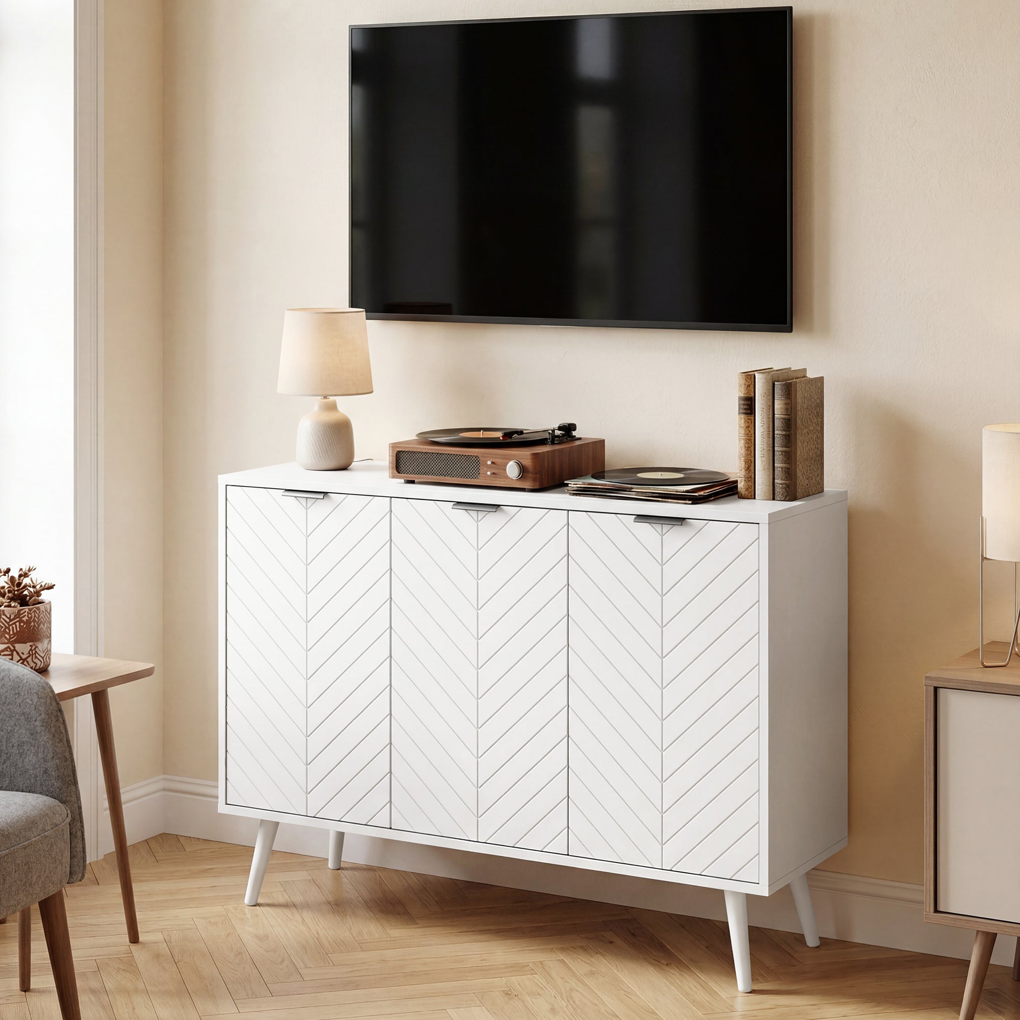 Modern Sideboard Buffet Cabinet, 36" Kitchen Storage Cabinet with 3 Doors and 2 Adjustable Shelves, Coffee Bar Station, White