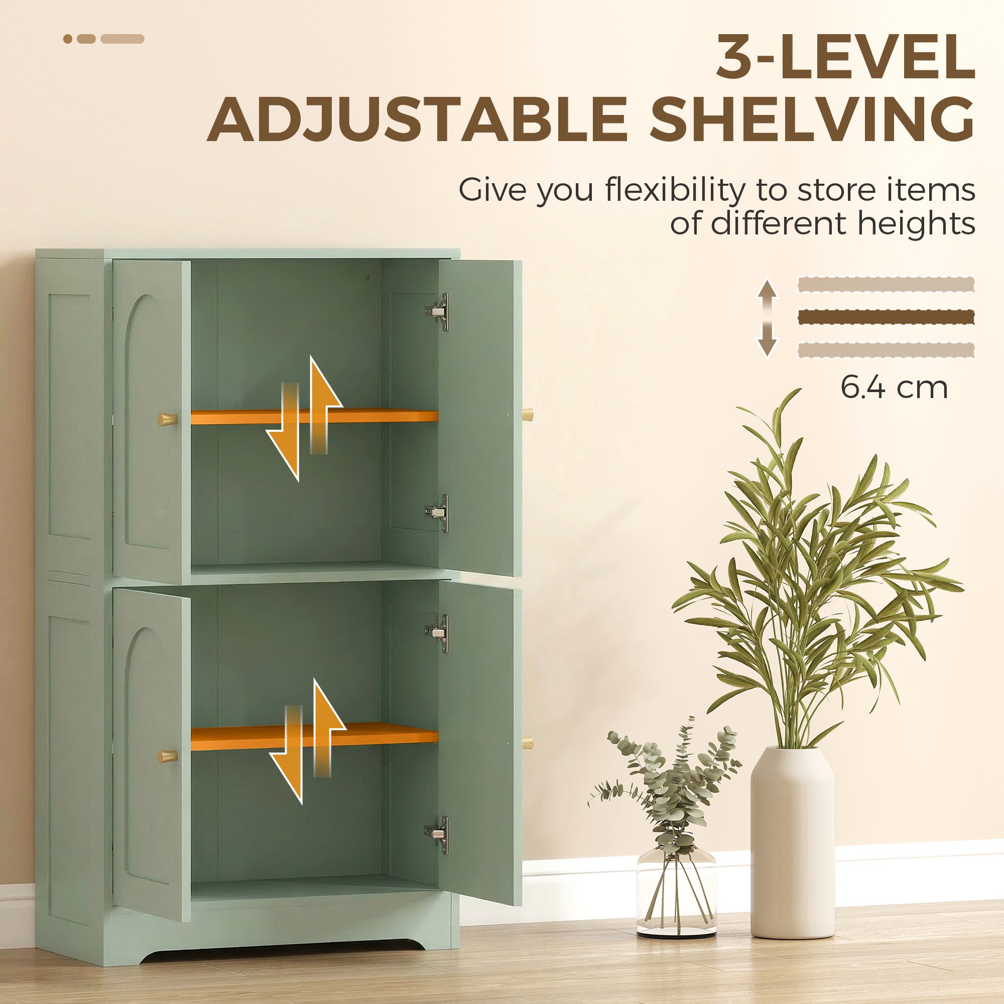 110cm Kitchen Cupboard, Freestanding Kitchen Storage Cabinet with 4 Arched Doors and 2 Adjustable Shelves, Modern Pantry Cupboard for Dining Room, Green