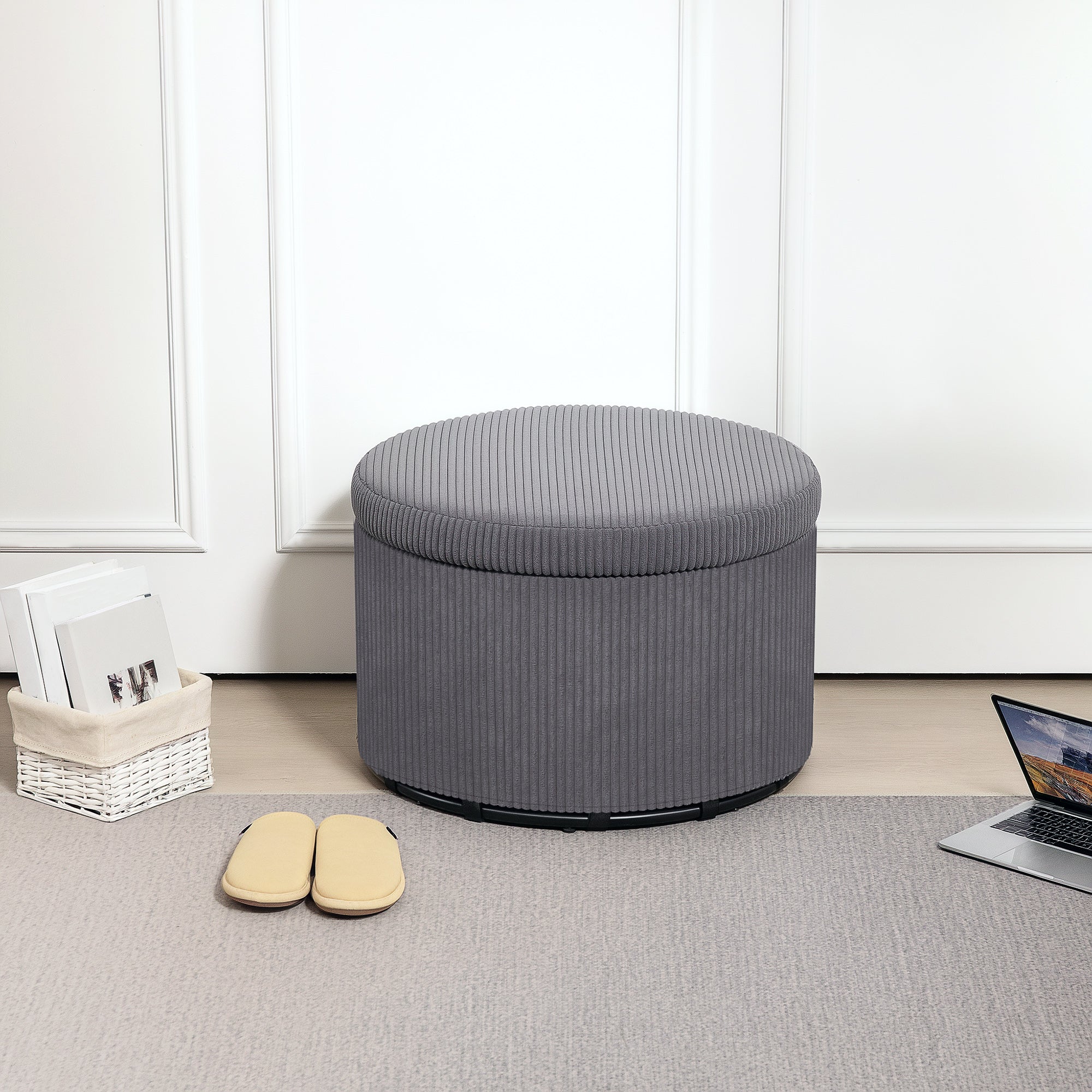 Storage Ottoman with Lid, 24 Inches Round Pouf Ottoman with Storage, Upholstered Corduroy Foot Rest Stool for Living Room, Bedroom, Gray