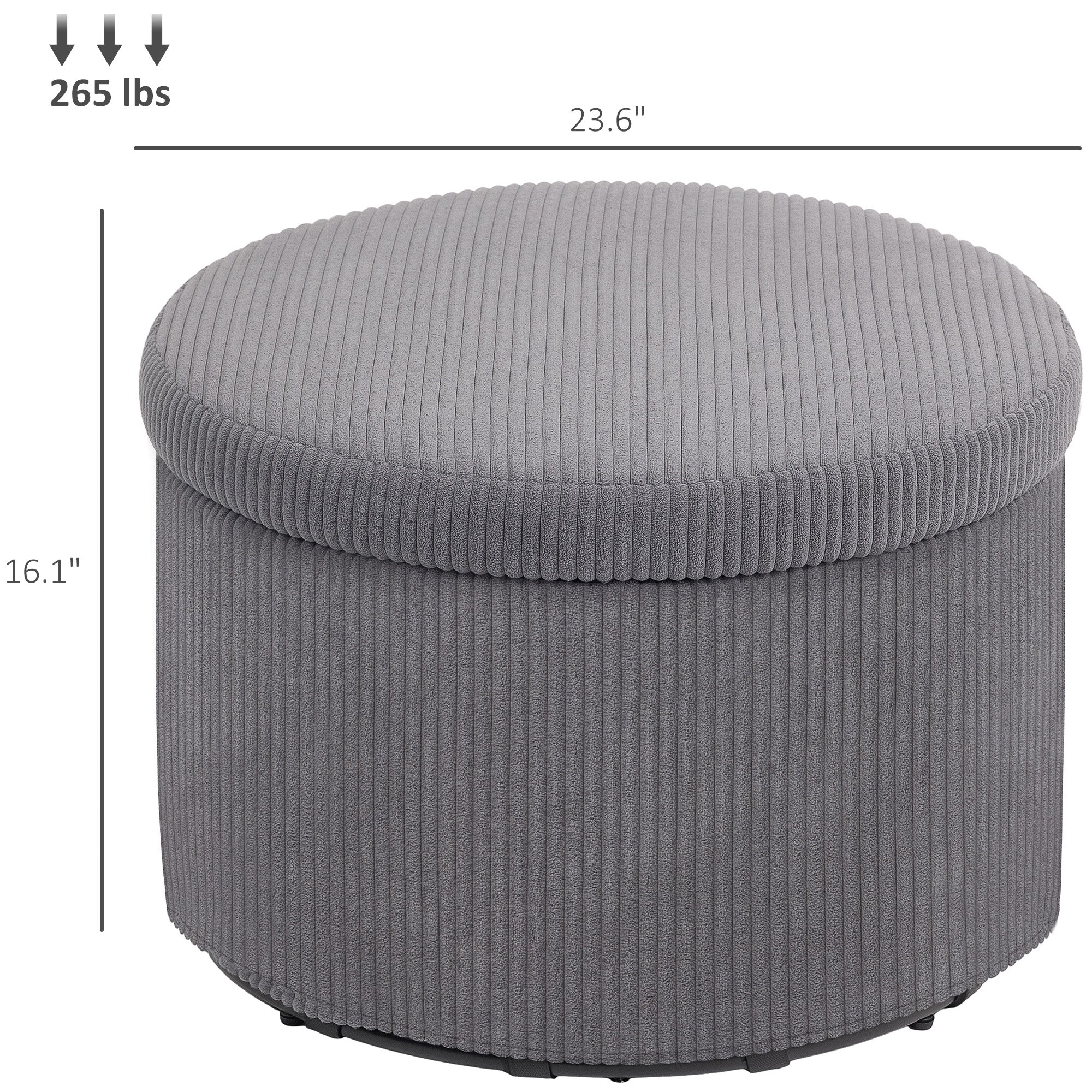 Storage Ottoman with Lid, 24 Inches Round Pouf Ottoman with Storage, Upholstered Corduroy Foot Rest Stool for Living Room, Bedroom, Gray