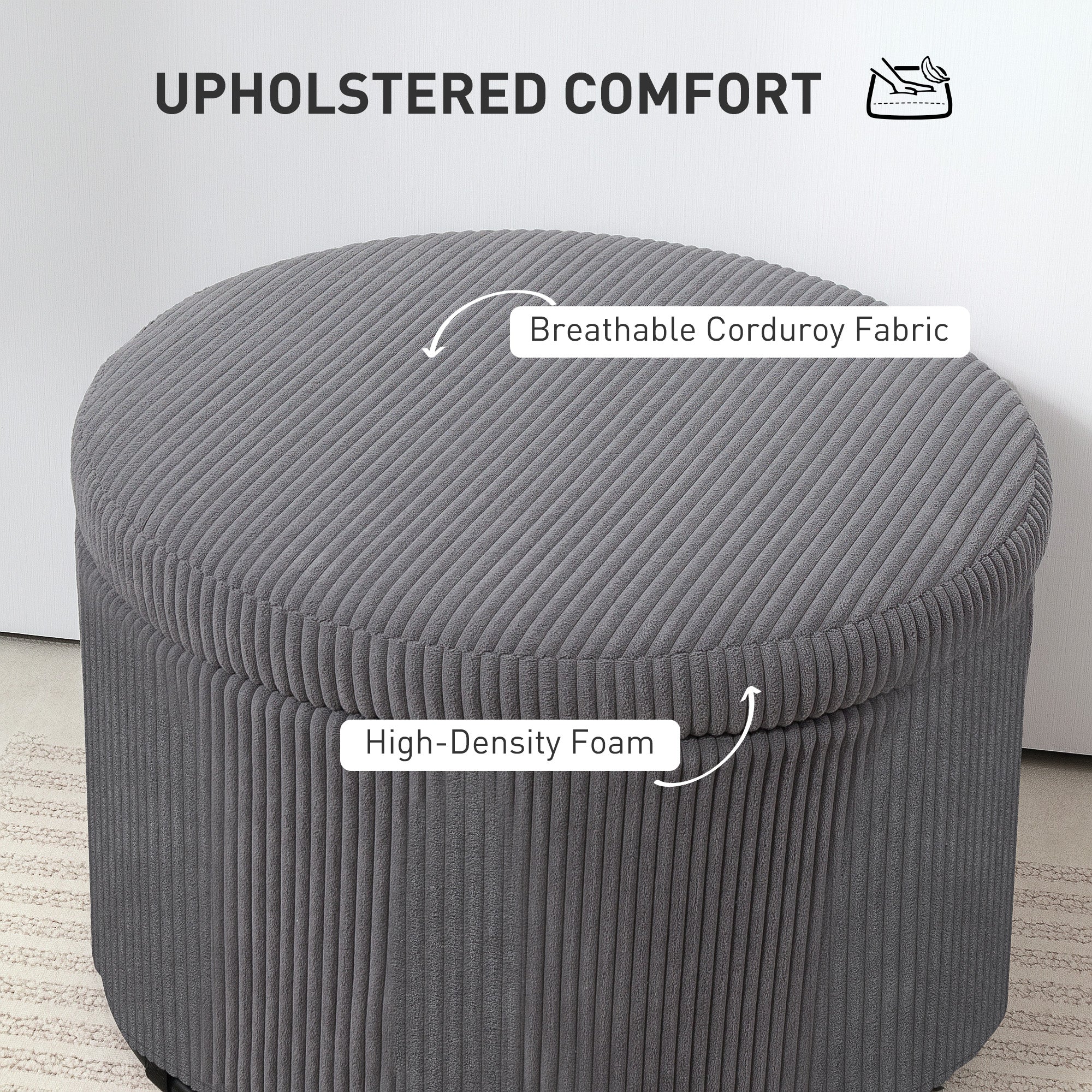 Storage Ottoman with Lid, 24 Inches Round Pouf Ottoman with Storage, Upholstered Corduroy Foot Rest Stool for Living Room, Bedroom, Gray