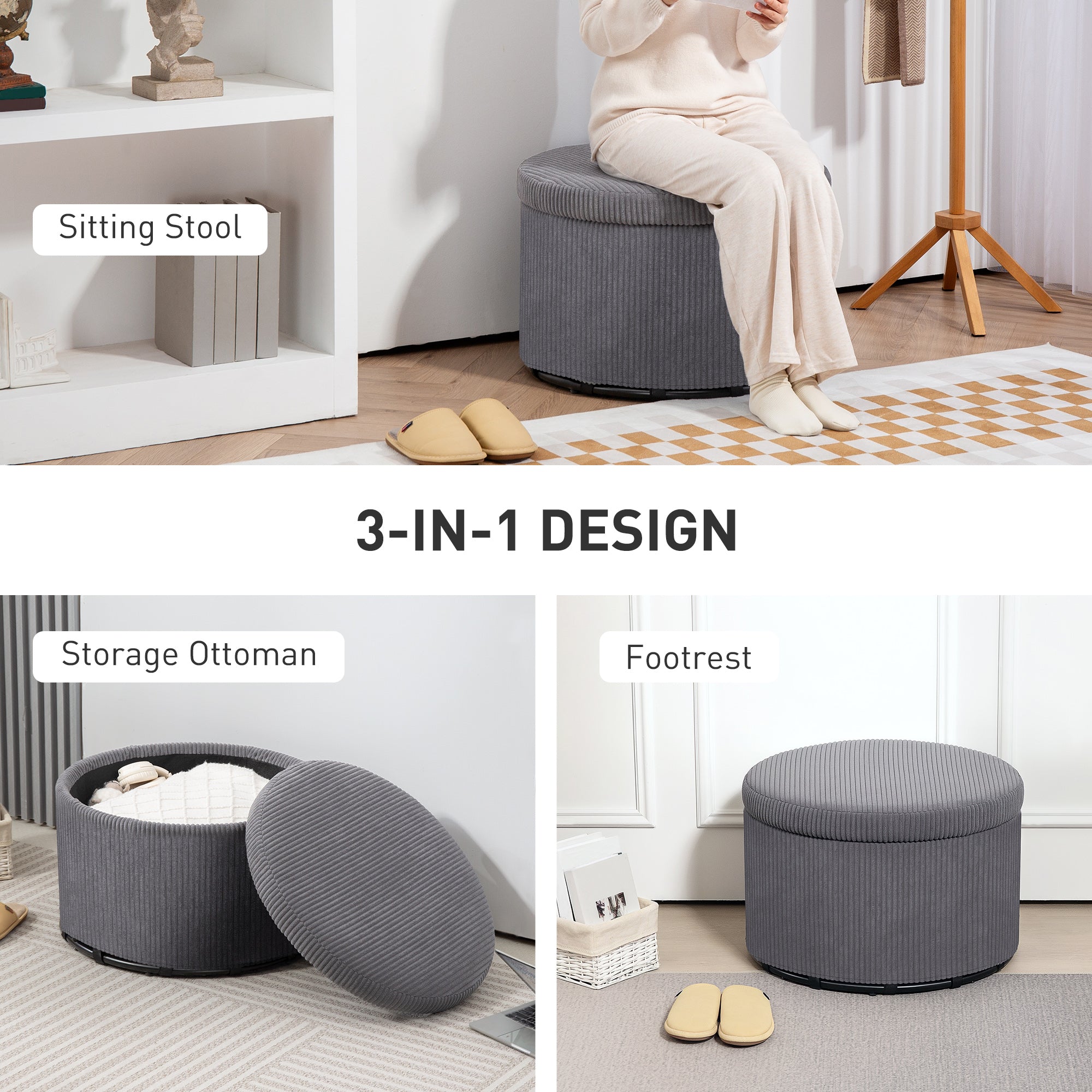 Storage Ottoman with Lid, 24 Inches Round Pouf Ottoman with Storage, Upholstered Corduroy Foot Rest Stool for Living Room, Bedroom, Gray