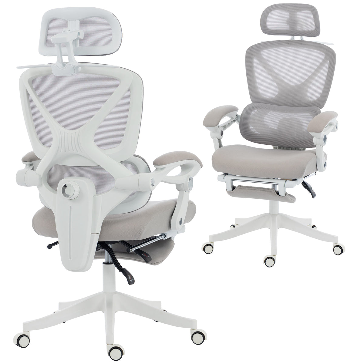 Ergonomic Office Chair, Mesh Computer Desk Chair with Adjustable Headrest and Height, Lumbar Support, High Back, Reclining Function, Footrest, Light Grey