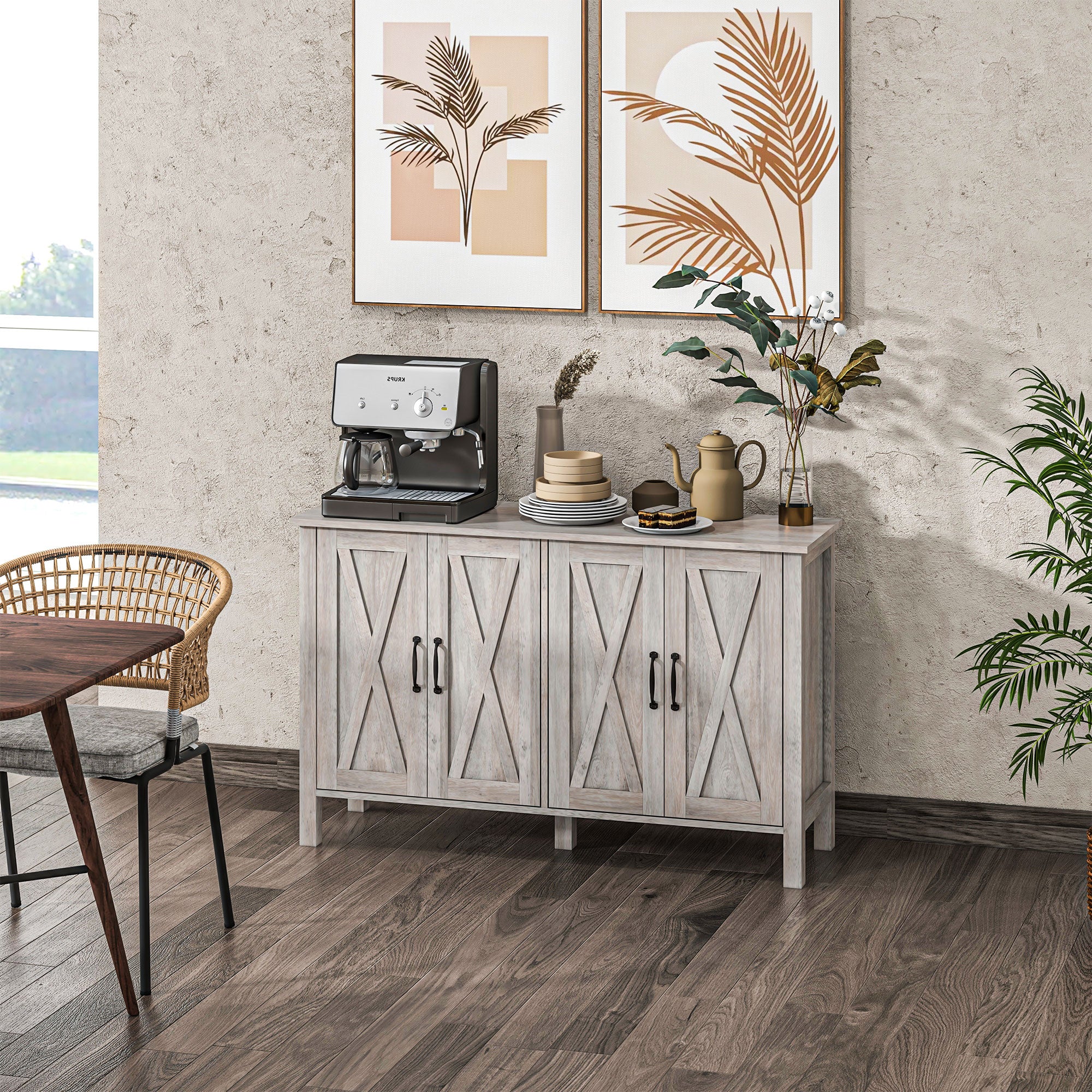 Kitchen Sideboard Buffet Cabinet w/ 4 Barn Doors & 2 Adjustable Shelves, Gray