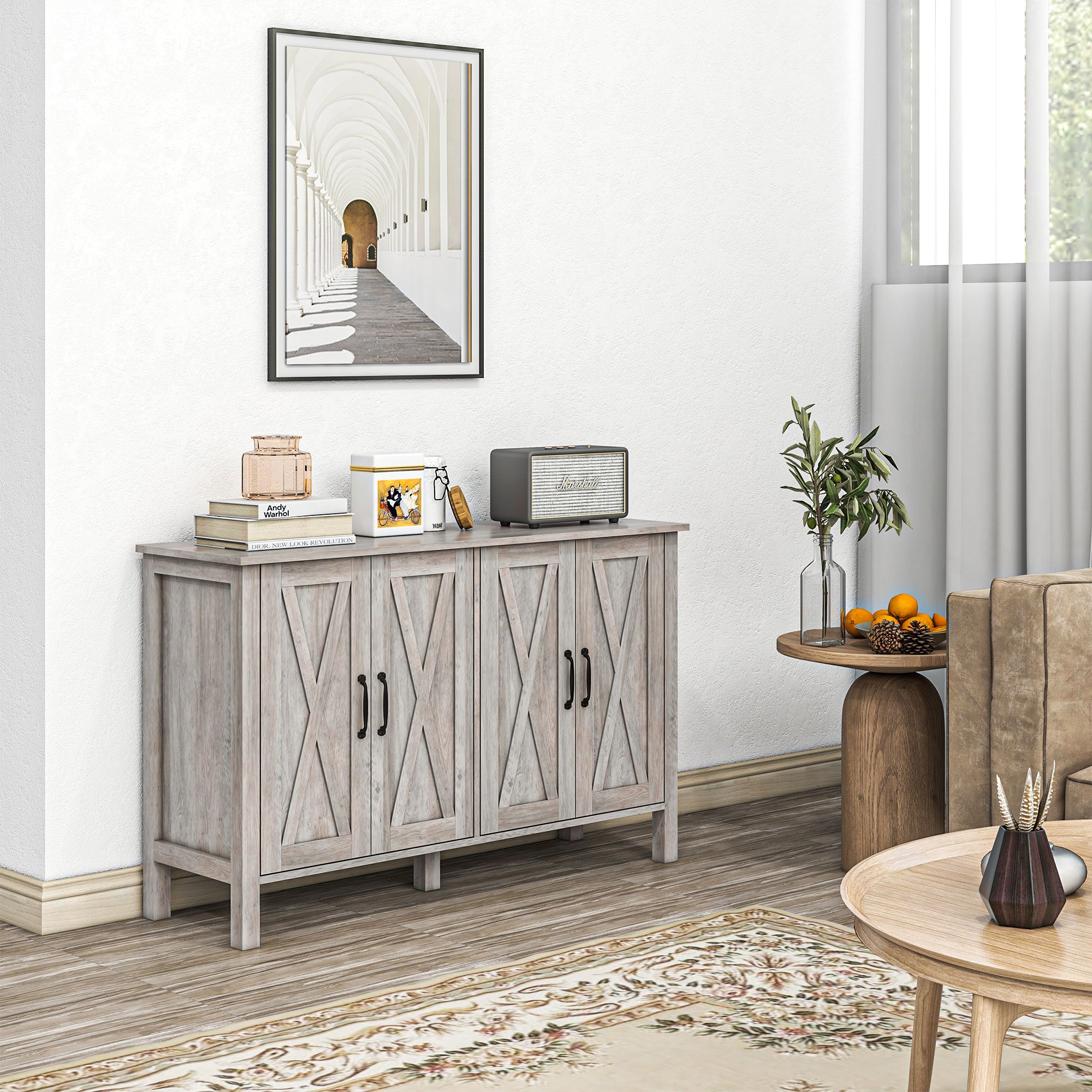 Kitchen Sideboard Buffet Cabinet w/ 4 Barn Doors & 2 Adjustable Shelves, Gray