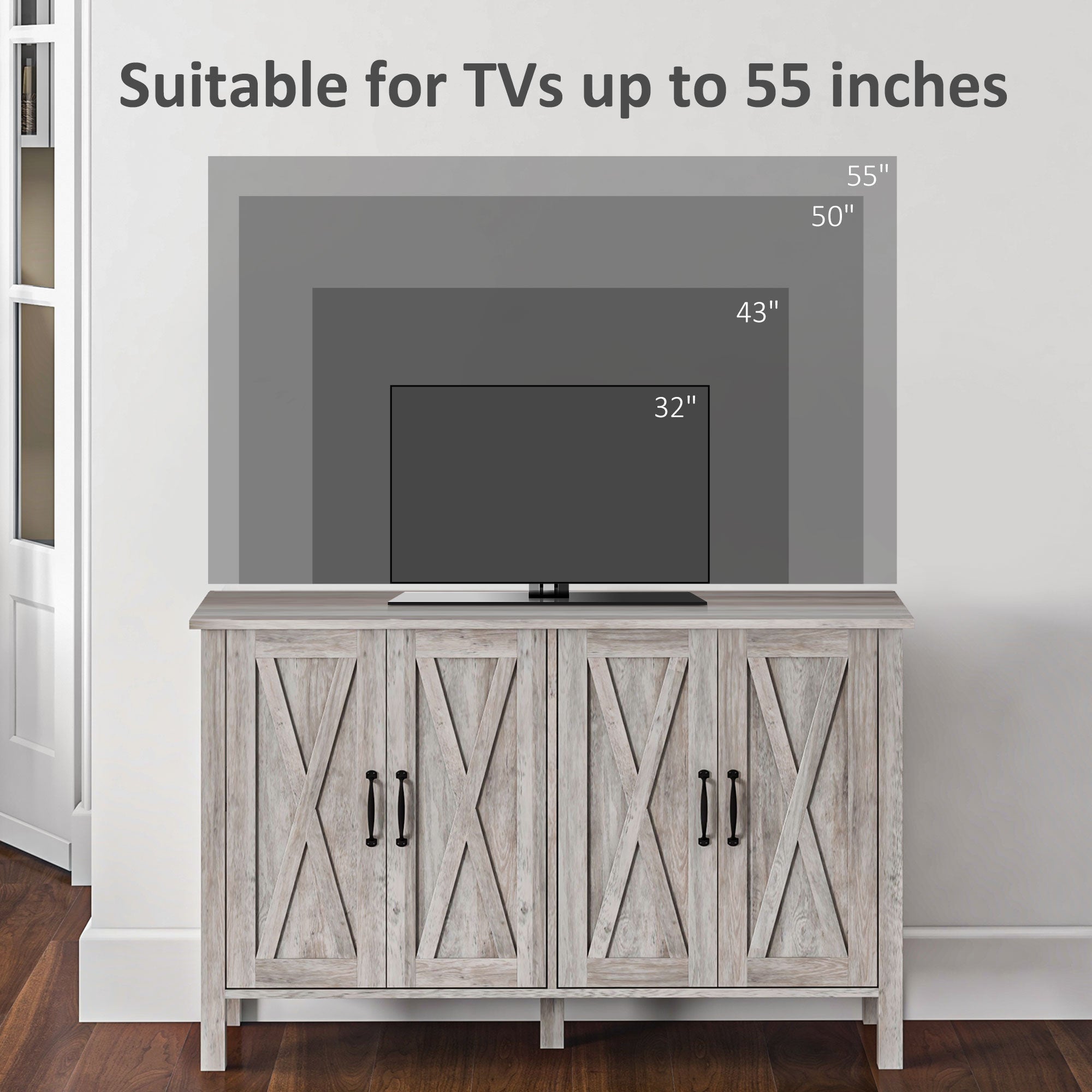 Kitchen Sideboard Buffet Cabinet w/ 4 Barn Doors & 2 Adjustable Shelves, Gray