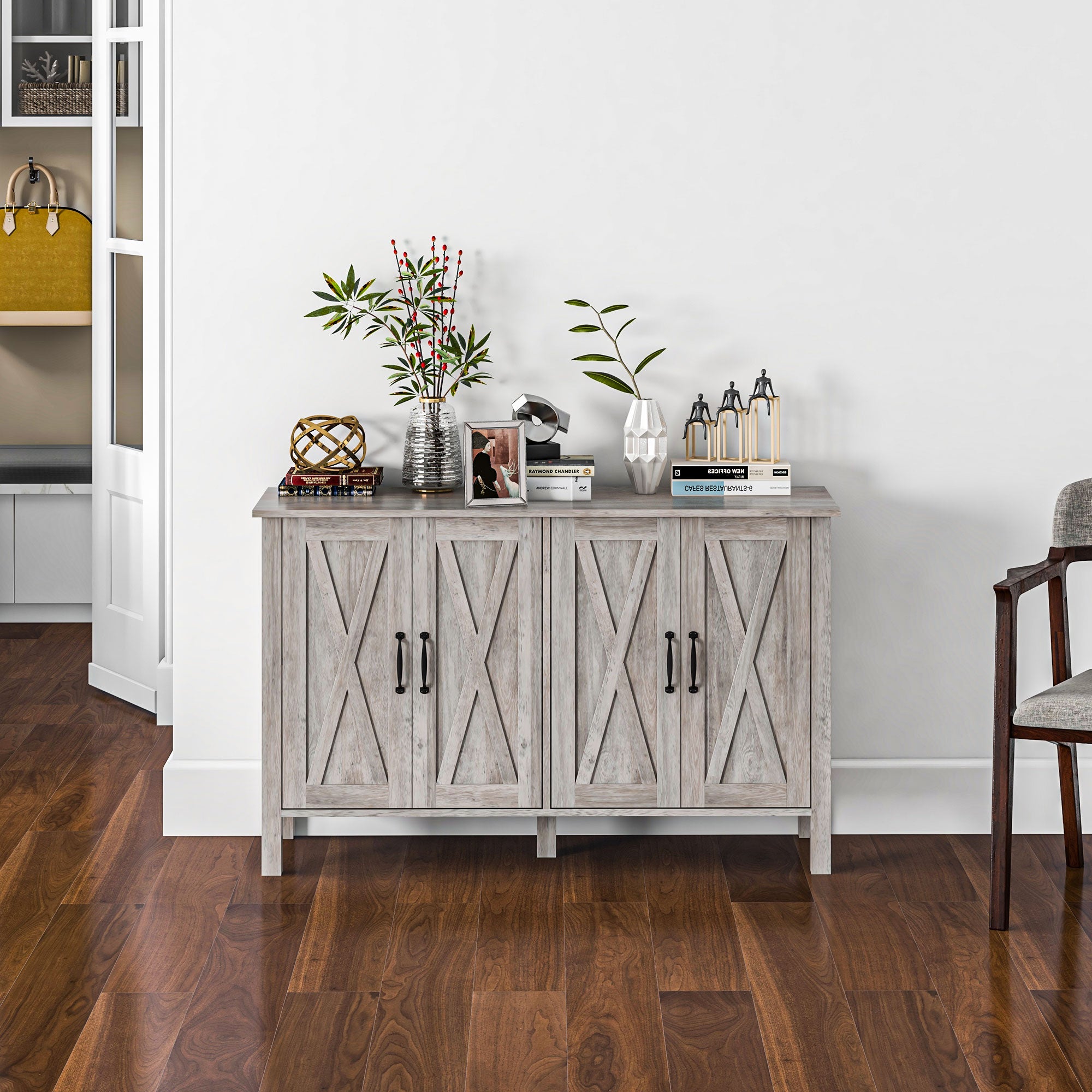 Kitchen Sideboard Buffet Cabinet w/ 4 Barn Doors & 2 Adjustable Shelves, Gray
