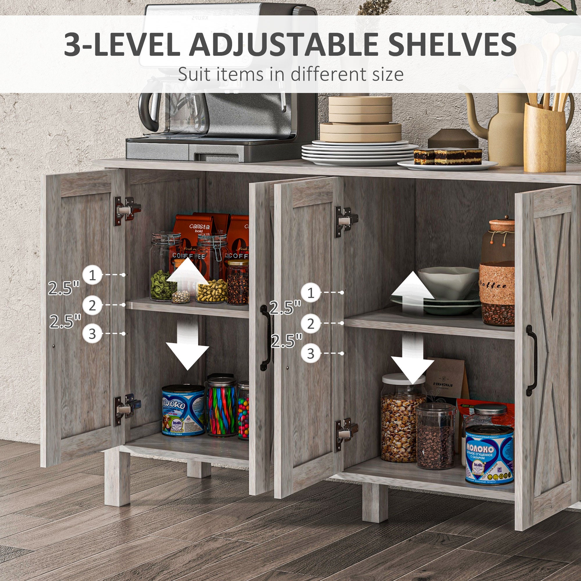 Kitchen Sideboard Buffet Cabinet w/ 4 Barn Doors & 2 Adjustable Shelves, Gray