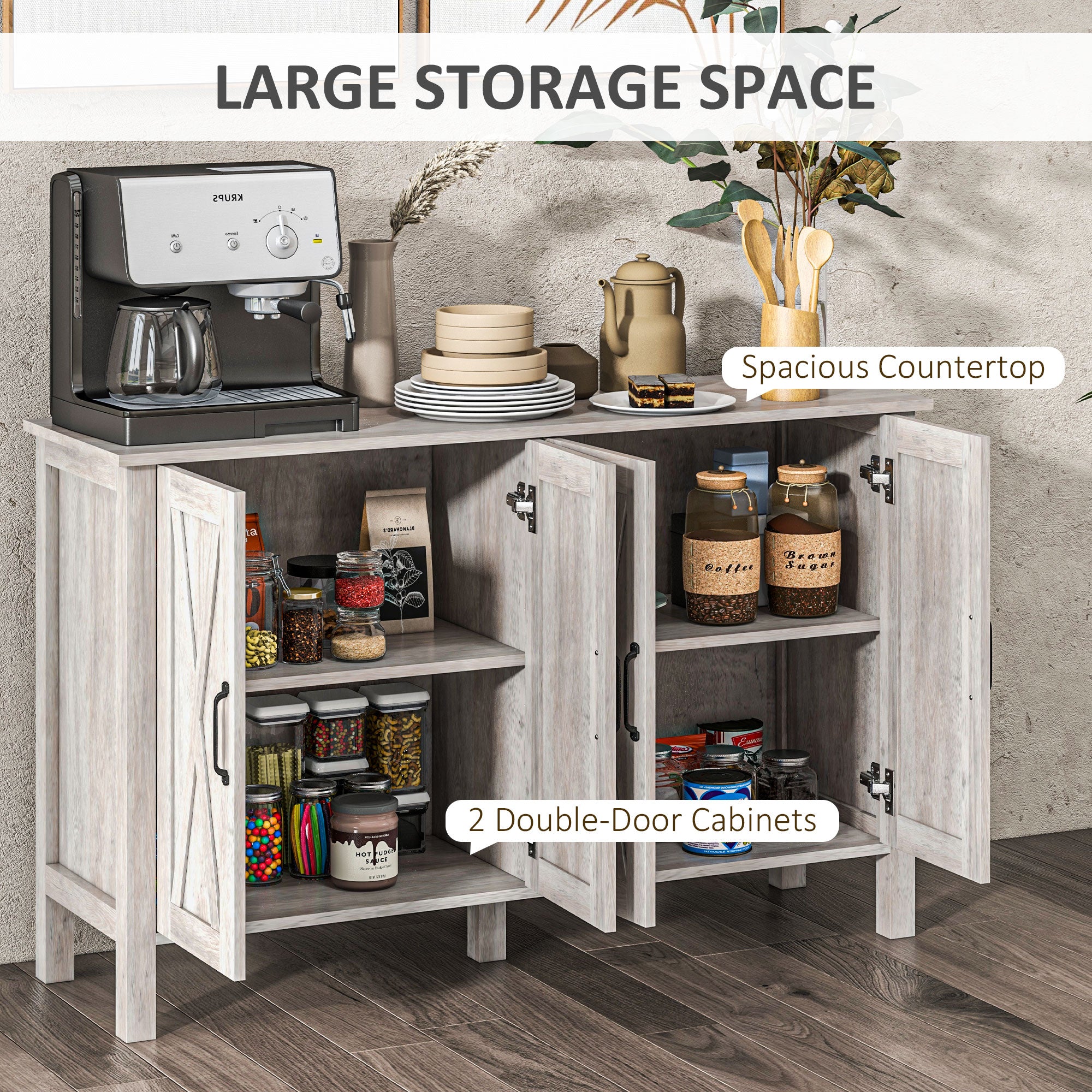 Kitchen Sideboard Buffet Cabinet w/ 4 Barn Doors & 2 Adjustable Shelves, Gray